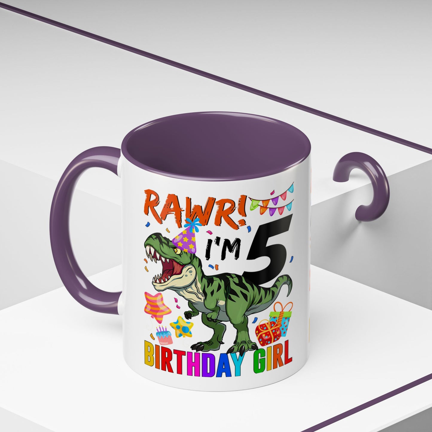 Birthday Dinosaur Coffee Mug — “RAWR! I’m 5” Colorful Kids Birthday Gift (11/15oz)
