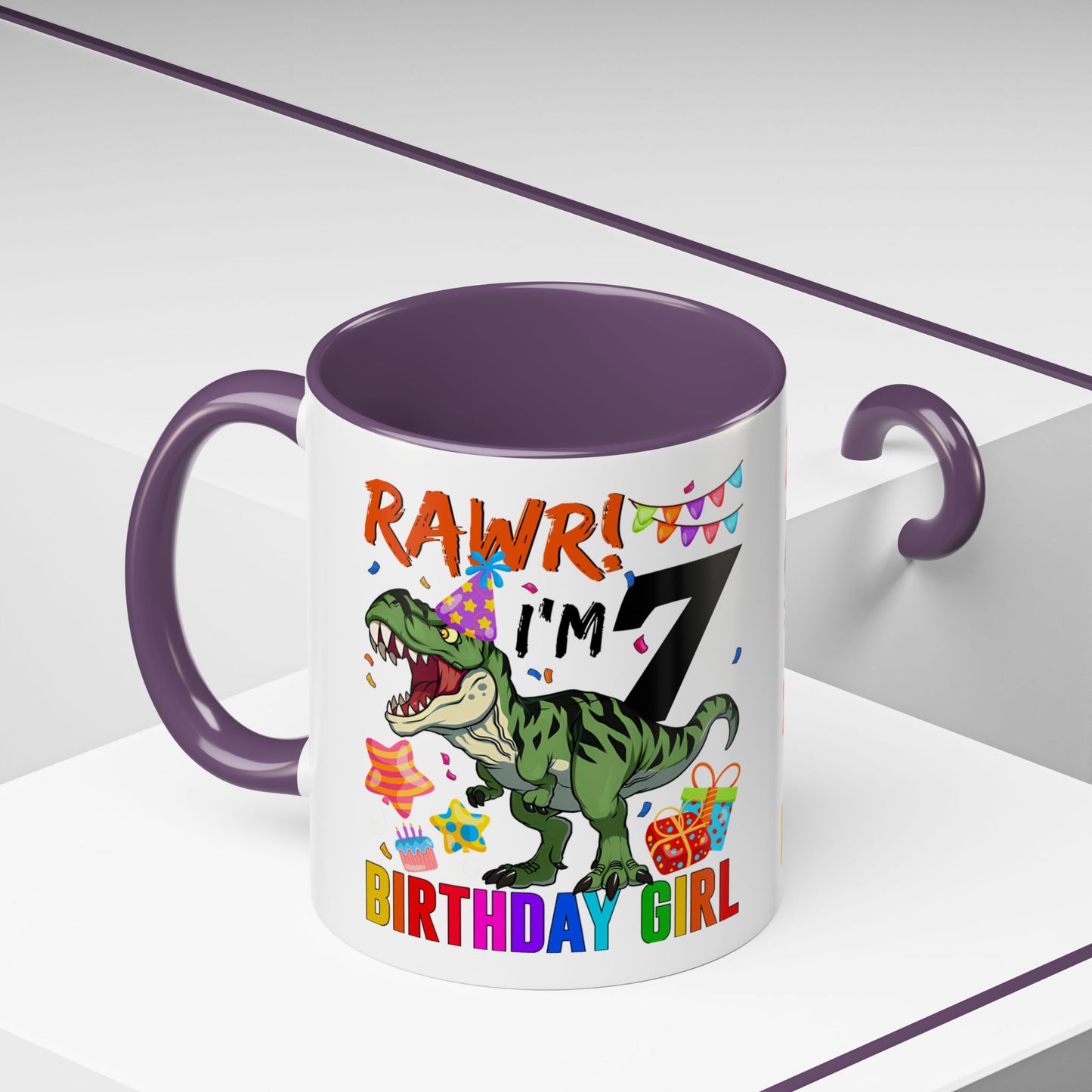 7th Birthday Dinosaur Coffee Mug — "RAWR! I'm 7" Colorful Birthday Girl Accent Mug (11/15oz)