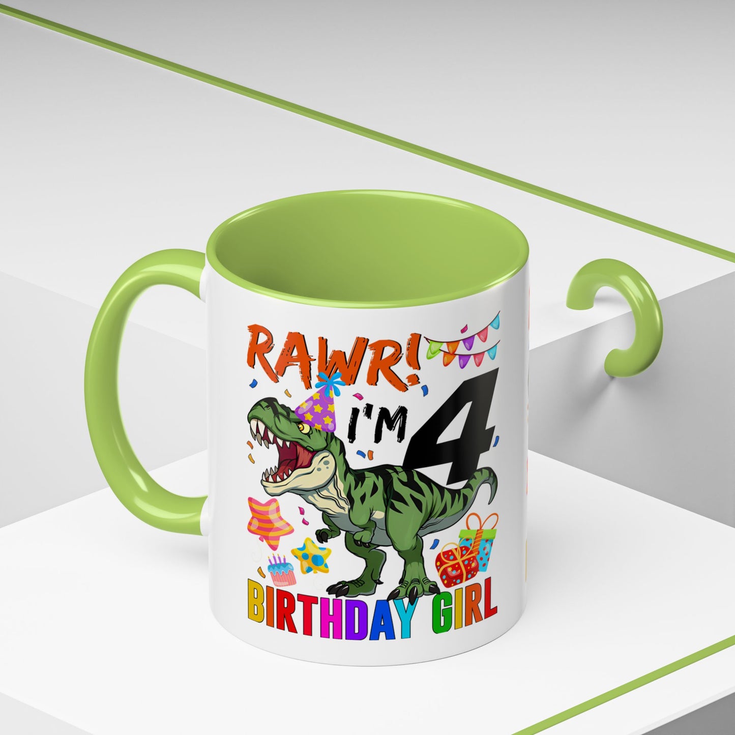Birthday Mug — "RAWR! I'm 4" Dino Party Accent Coffee Mug