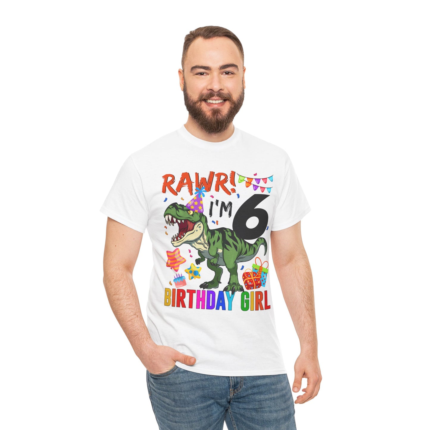 Kids Birthday Tee — "RAWR! I'm 6" Dinosaur Birthday Girl Shirt