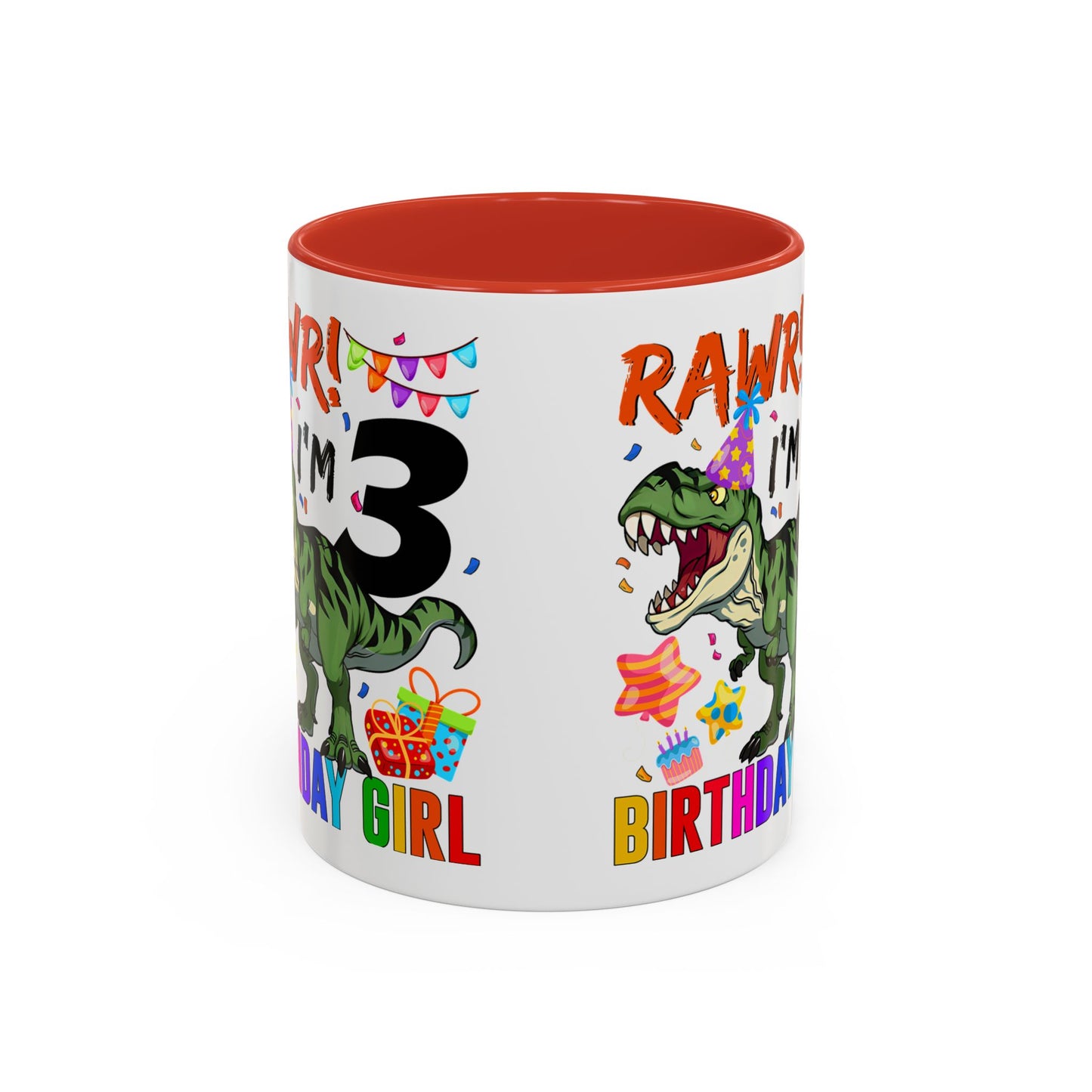 3rd Birthday Girl Dinosaur Coffee Mug - "RAWR! I’m 3" Accent Mug