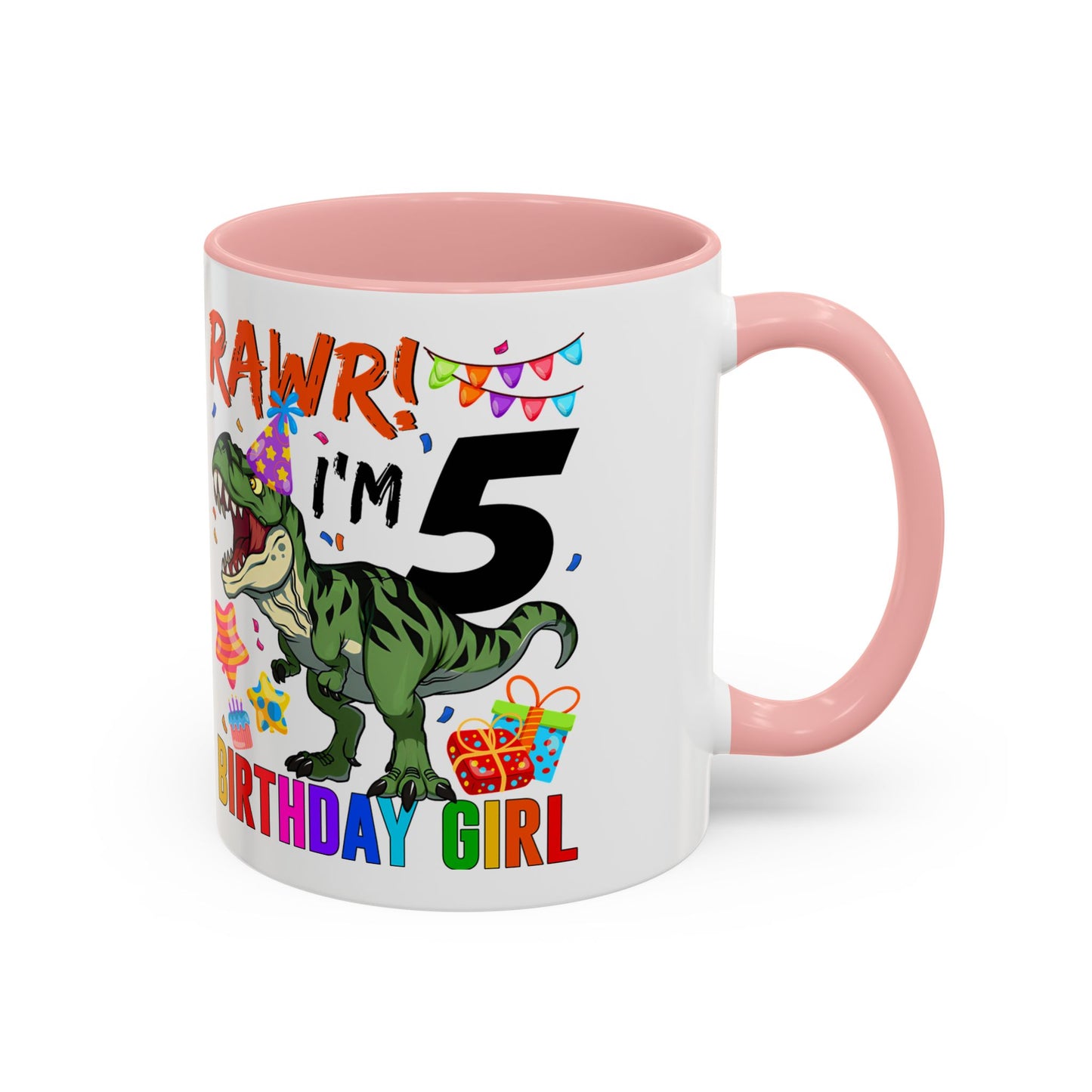Birthday Dinosaur Coffee Mug — “RAWR! I’m 5” Colorful Kids Birthday Gift (11/15oz)