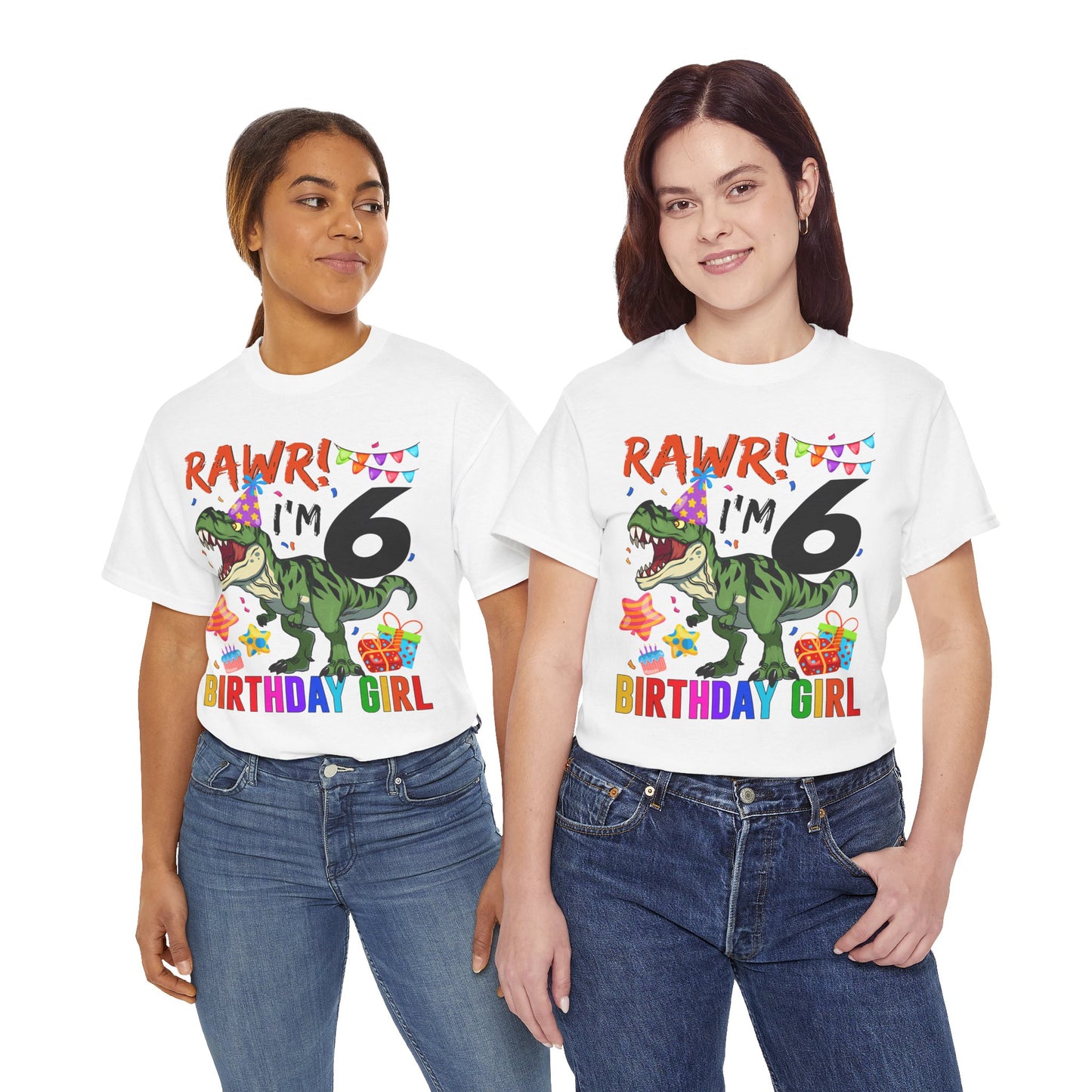 Kids Birthday Tee — "RAWR! I'm 6" Dinosaur Birthday Girl Shirt