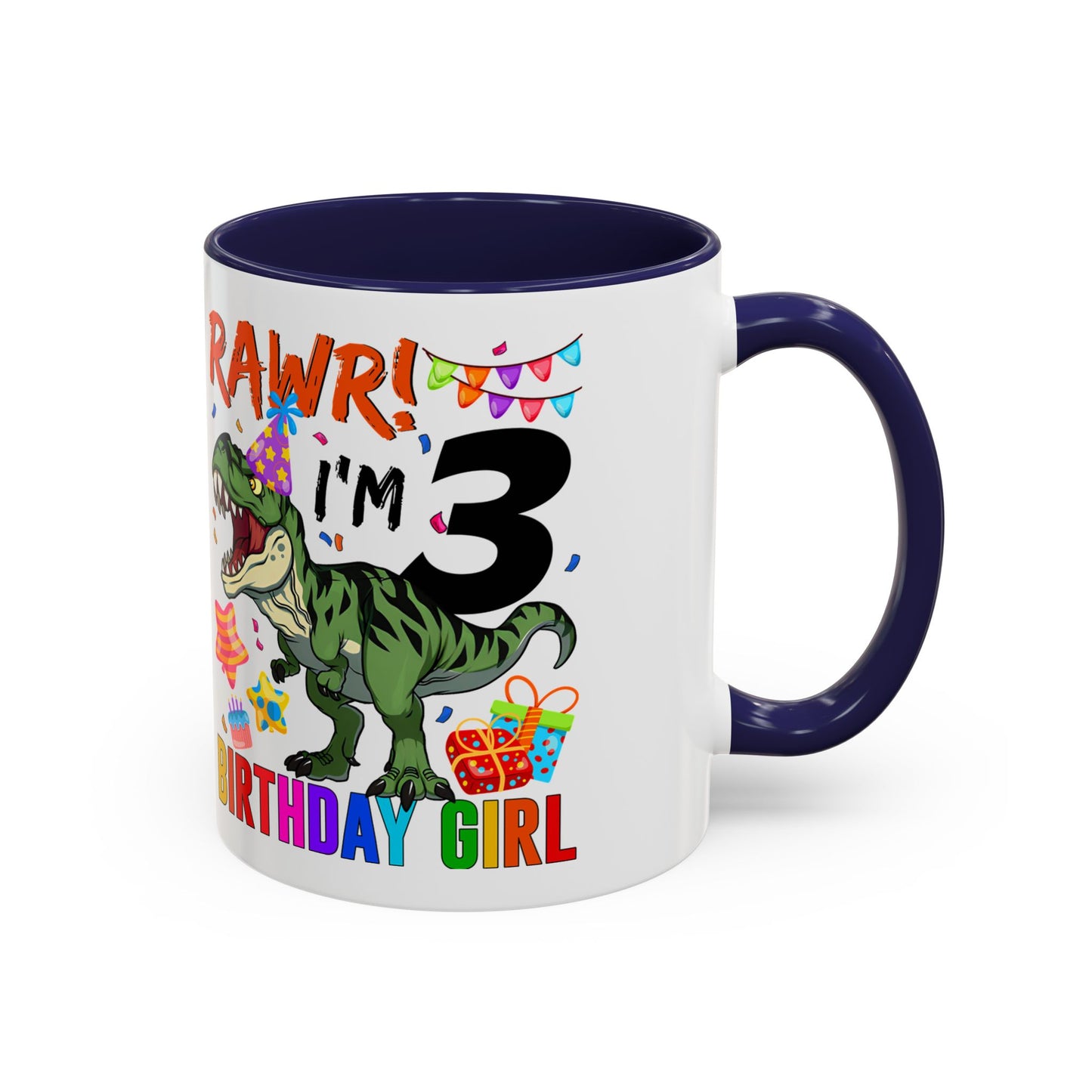 3rd Birthday Girl Dinosaur Coffee Mug - "RAWR! I’m 3" Accent Mug