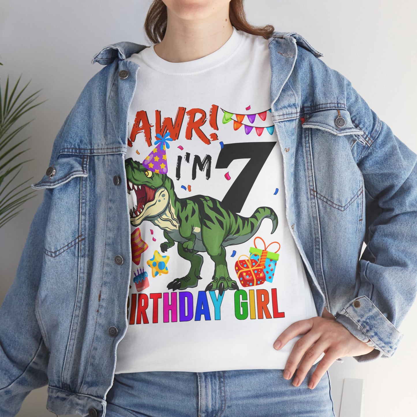 7th Birthday Girl T‑Shirt — "RAWR! I'm 7" Dinosaur Party Tee