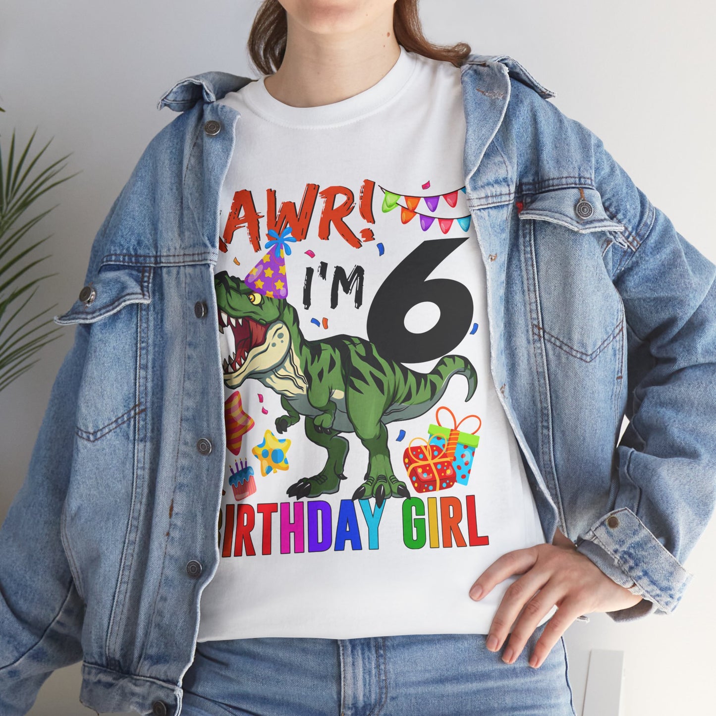 Kids Birthday Tee — "RAWR! I'm 6" Dinosaur Birthday Girl Shirt