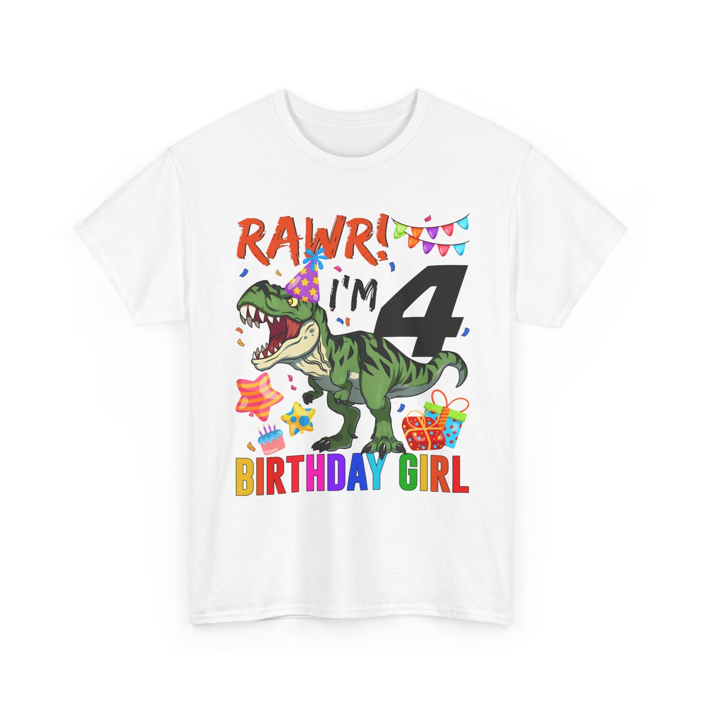 4th Birthday Girl Dinosaur T-Shirt — "RAWR! I'm 4" Colorful Party Tee