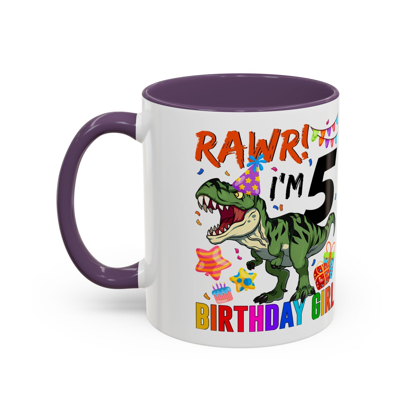 Birthday Dinosaur Coffee Mug — “RAWR! I’m 5” Colorful Kids Birthday Gift (11/15oz)