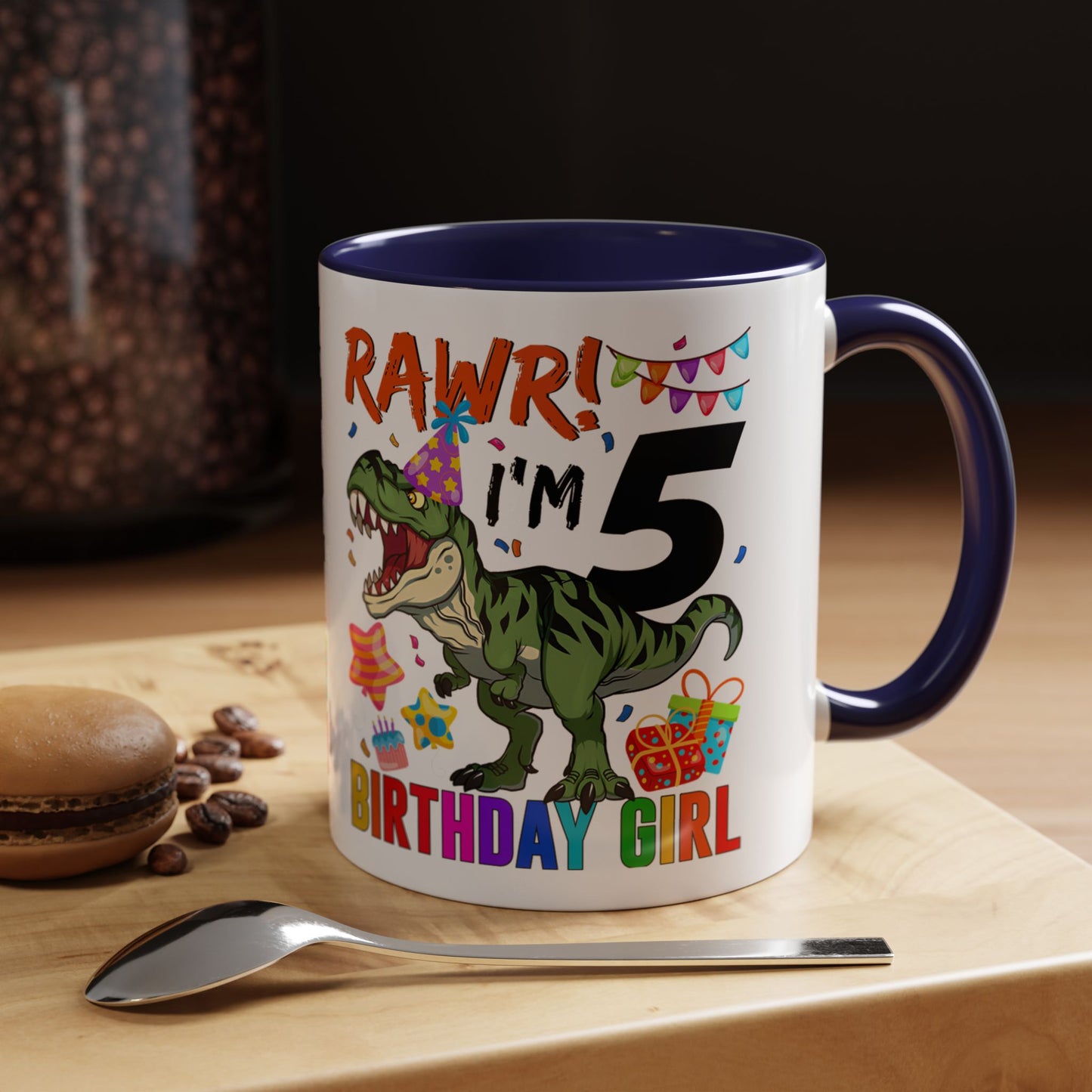 Birthday Dinosaur Coffee Mug — “RAWR! I’m 5” Colorful Kids Birthday Gift (11/15oz)