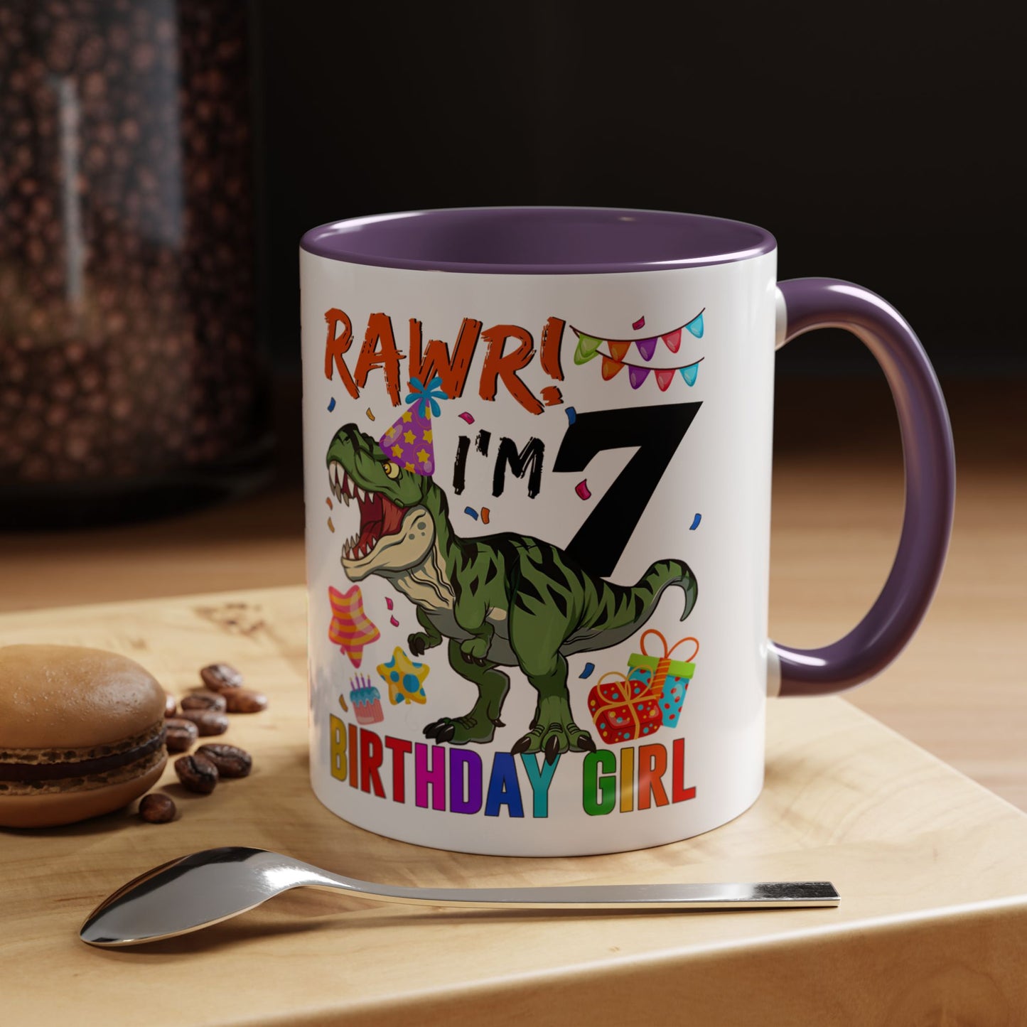 7th Birthday Dinosaur Coffee Mug — "RAWR! I'm 7" Colorful Birthday Girl Accent Mug (11/15oz)