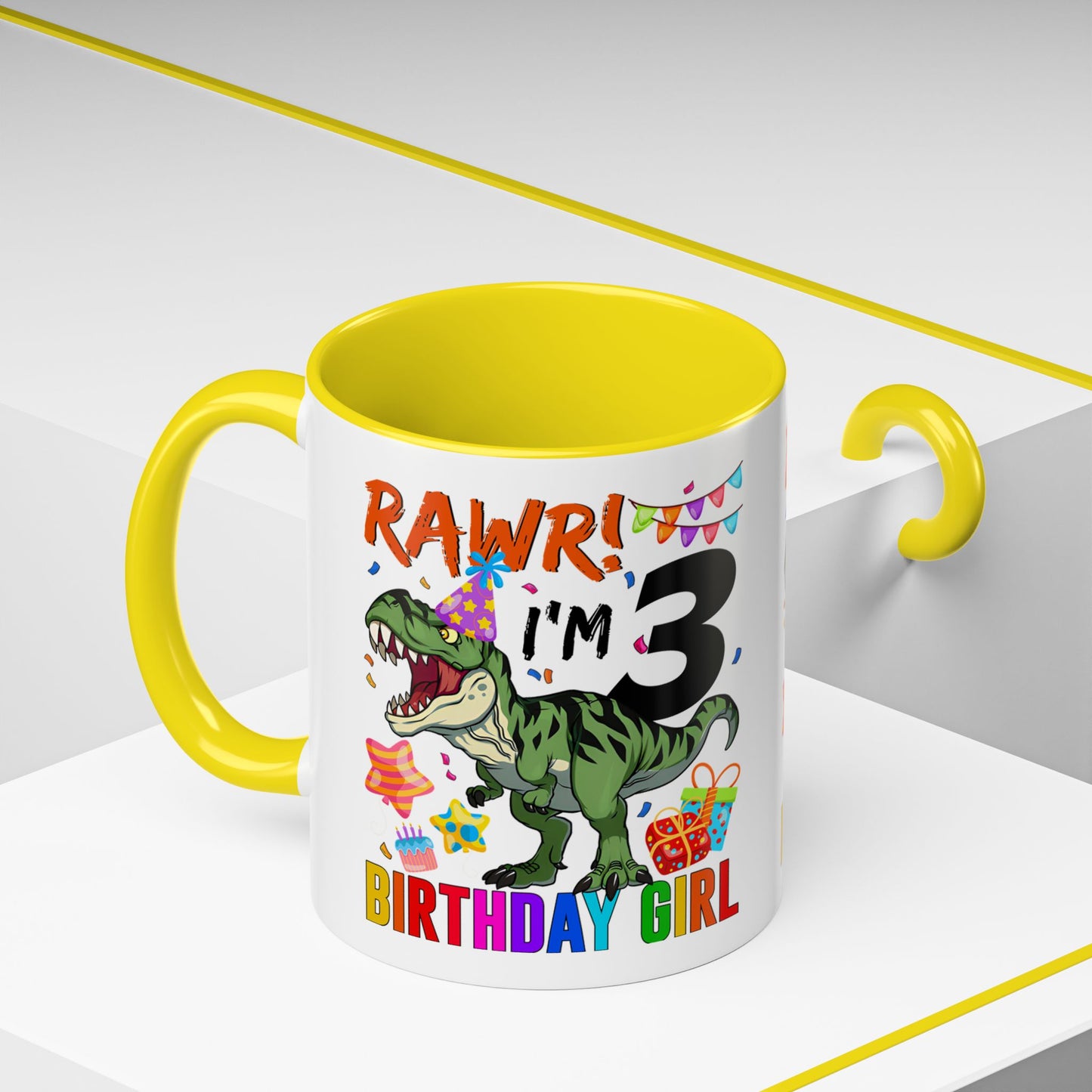 3rd Birthday Girl Dinosaur Coffee Mug - "RAWR! I’m 3" Accent Mug