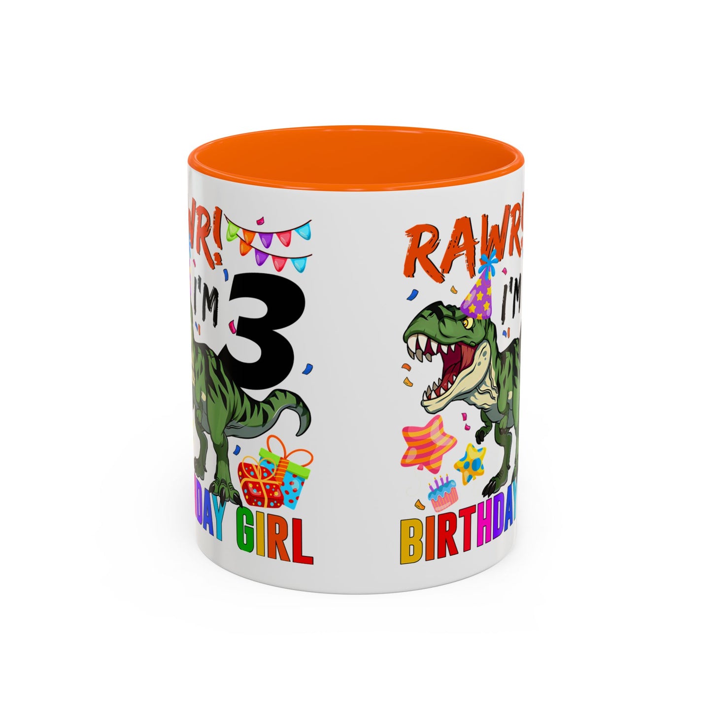3rd Birthday Girl Dinosaur Coffee Mug - "RAWR! I’m 3" Accent Mug