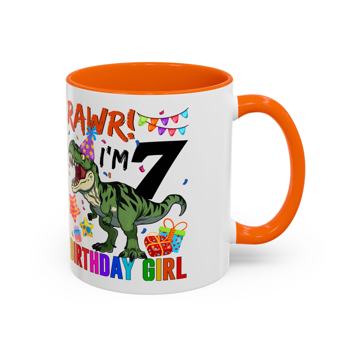 7th Birthday Dinosaur Coffee Mug — "RAWR! I'm 7" Colorful Birthday Girl Accent Mug (11/15oz)