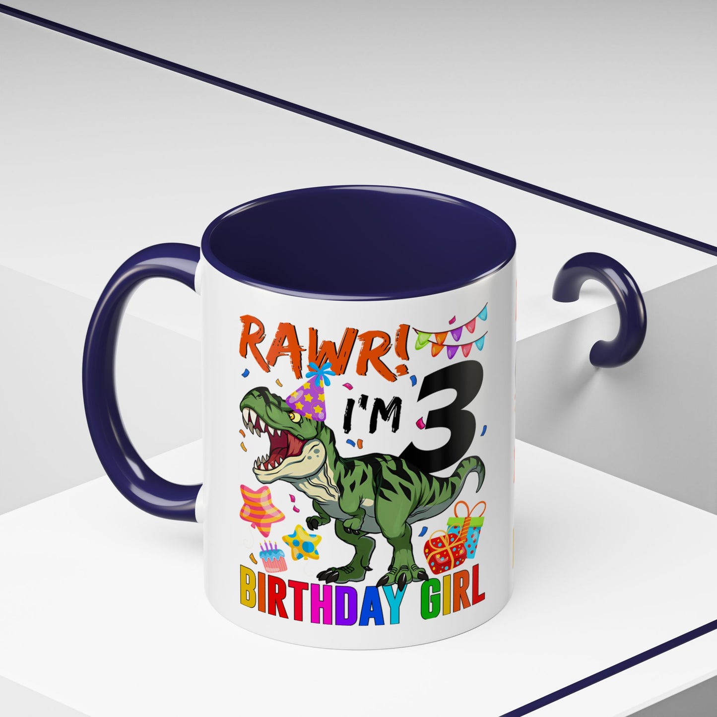 3rd Birthday Girl Dinosaur Coffee Mug - "RAWR! I’m 3" Accent Mug