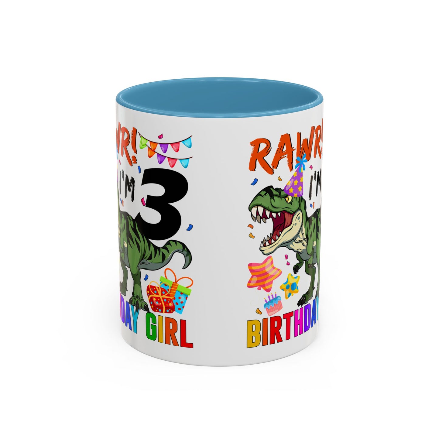 3rd Birthday Girl Dinosaur Coffee Mug - "RAWR! I’m 3" Accent Mug
