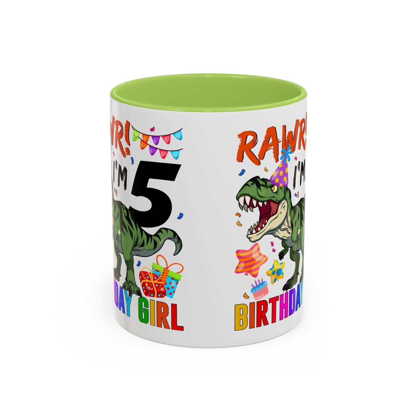Birthday Dinosaur Coffee Mug — “RAWR! I’m 5” Colorful Kids Birthday Gift (11/15oz)