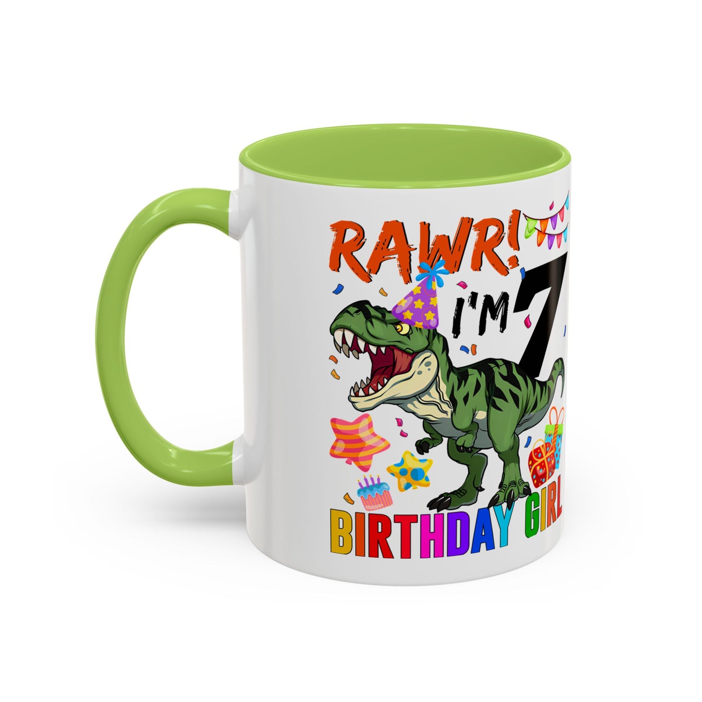 7th Birthday Dinosaur Coffee Mug — "RAWR! I'm 7" Colorful Birthday Girl Accent Mug (11/15oz)