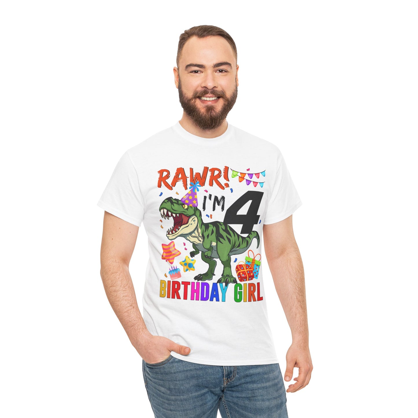 4th Birthday Girl Dinosaur T-Shirt — "RAWR! I'm 4" Colorful Party Tee