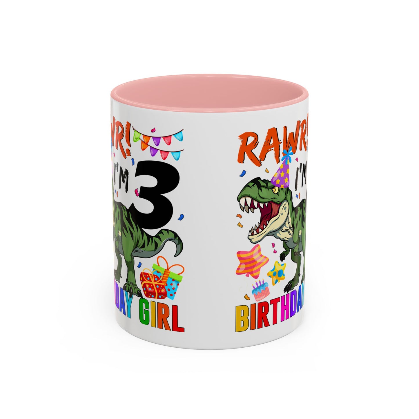 3rd Birthday Girl Dinosaur Coffee Mug - "RAWR! I’m 3" Accent Mug