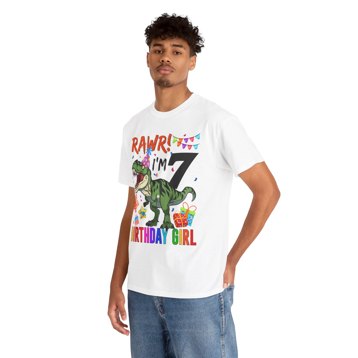 7th Birthday Girl T‑Shirt — "RAWR! I'm 7" Dinosaur Party Tee