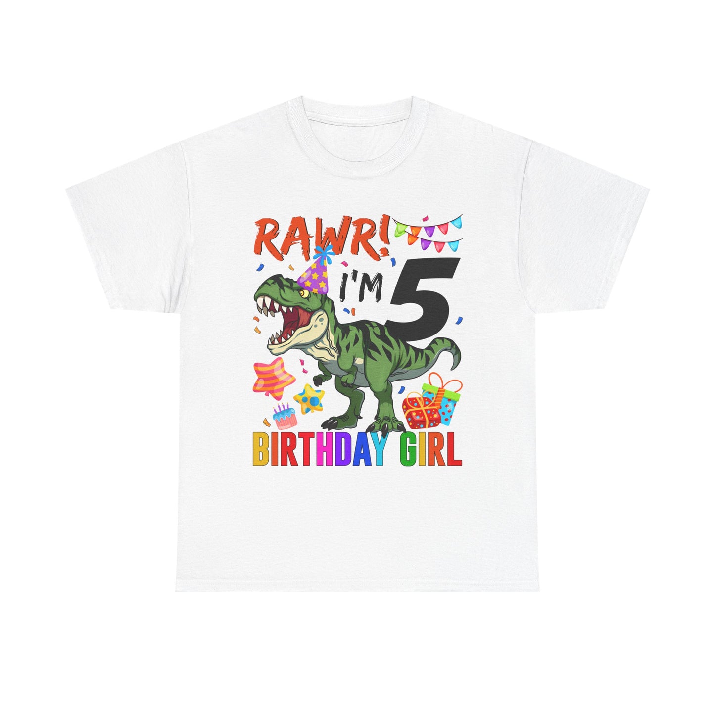 5th Birthday Girl T-Shirt — "RAWR! I'm 5" Dino Party Tee