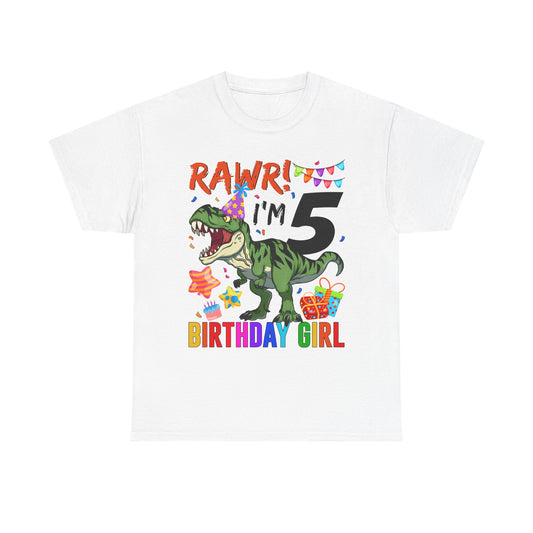 5th Birthday Girl T-Shirt — "RAWR! I'm 5" Dino Party Tee