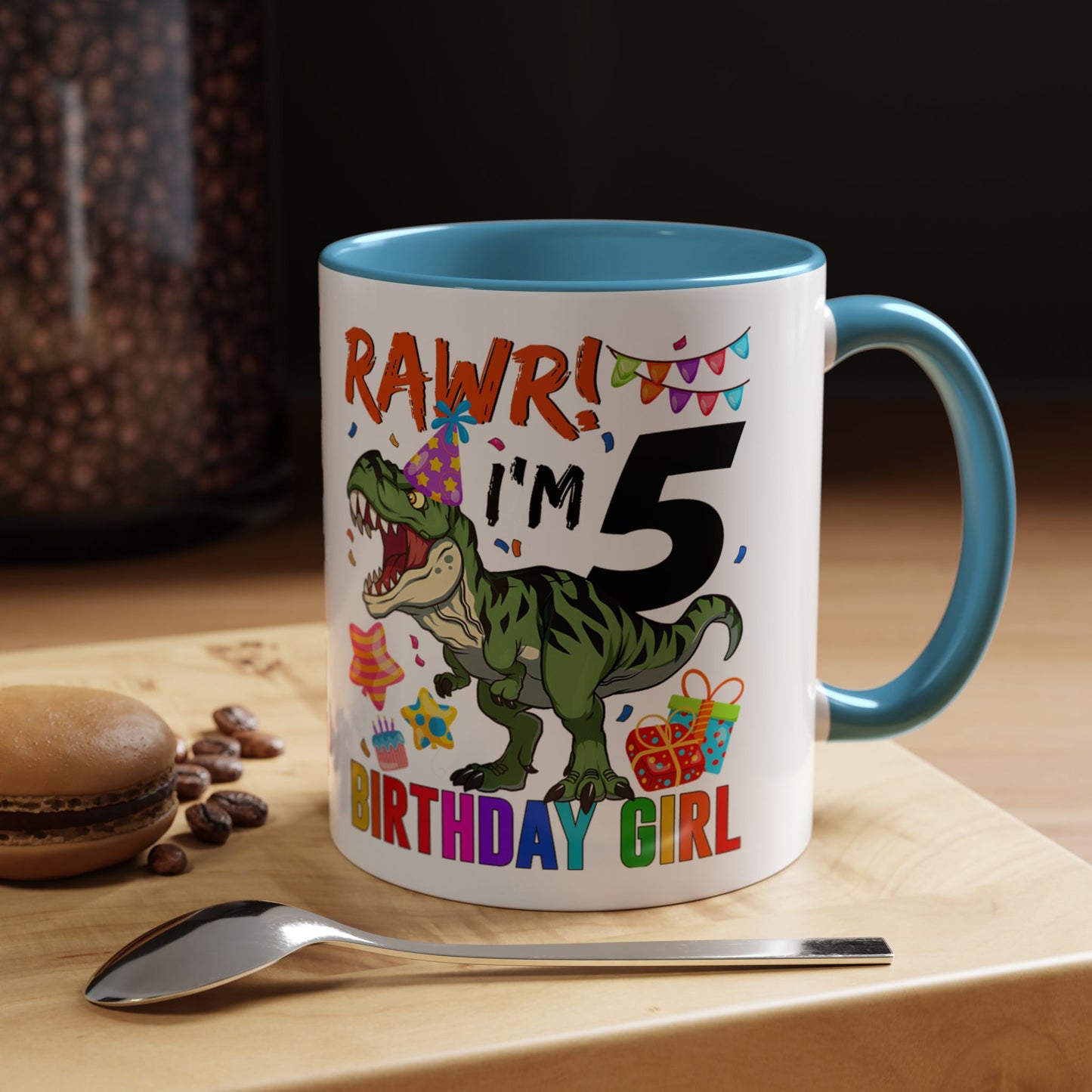 Birthday Dinosaur Coffee Mug — “RAWR! I’m 5” Colorful Kids Birthday Gift (11/15oz)