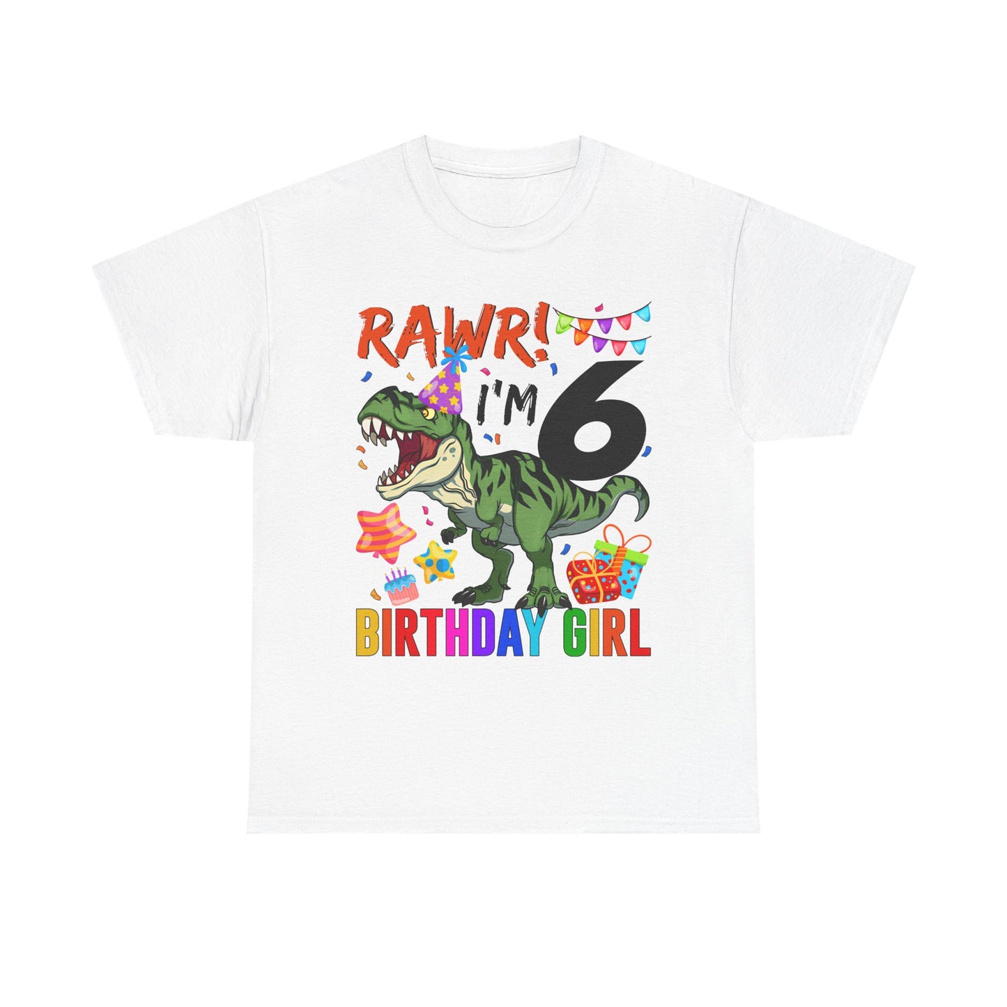 Kids Birthday Tee — "RAWR! I'm 6" Dinosaur Birthday Girl Shirt