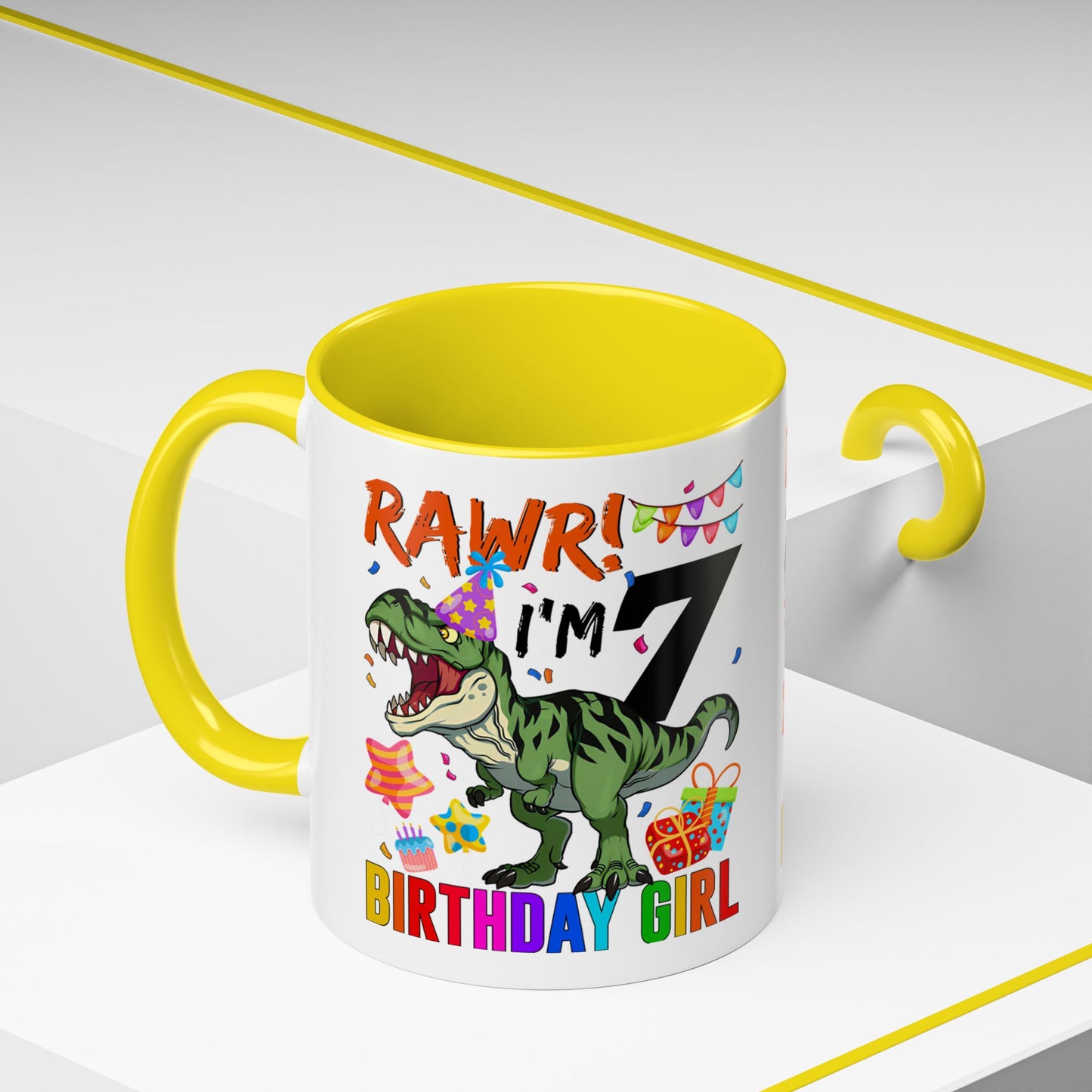 7th Birthday Dinosaur Coffee Mug — "RAWR! I'm 7" Colorful Birthday Girl Accent Mug (11/15oz)