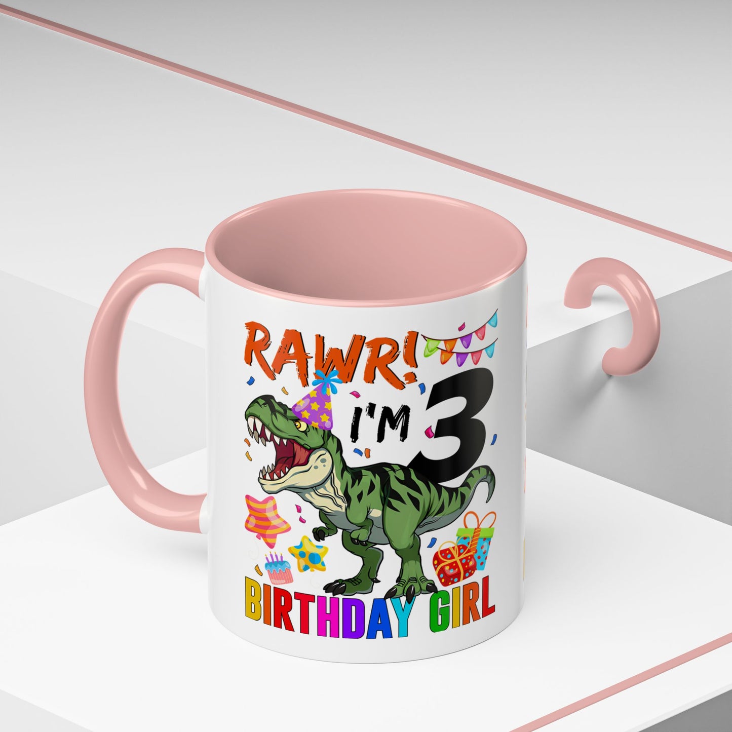 3rd Birthday Girl Dinosaur Coffee Mug - "RAWR! I’m 3" Accent Mug