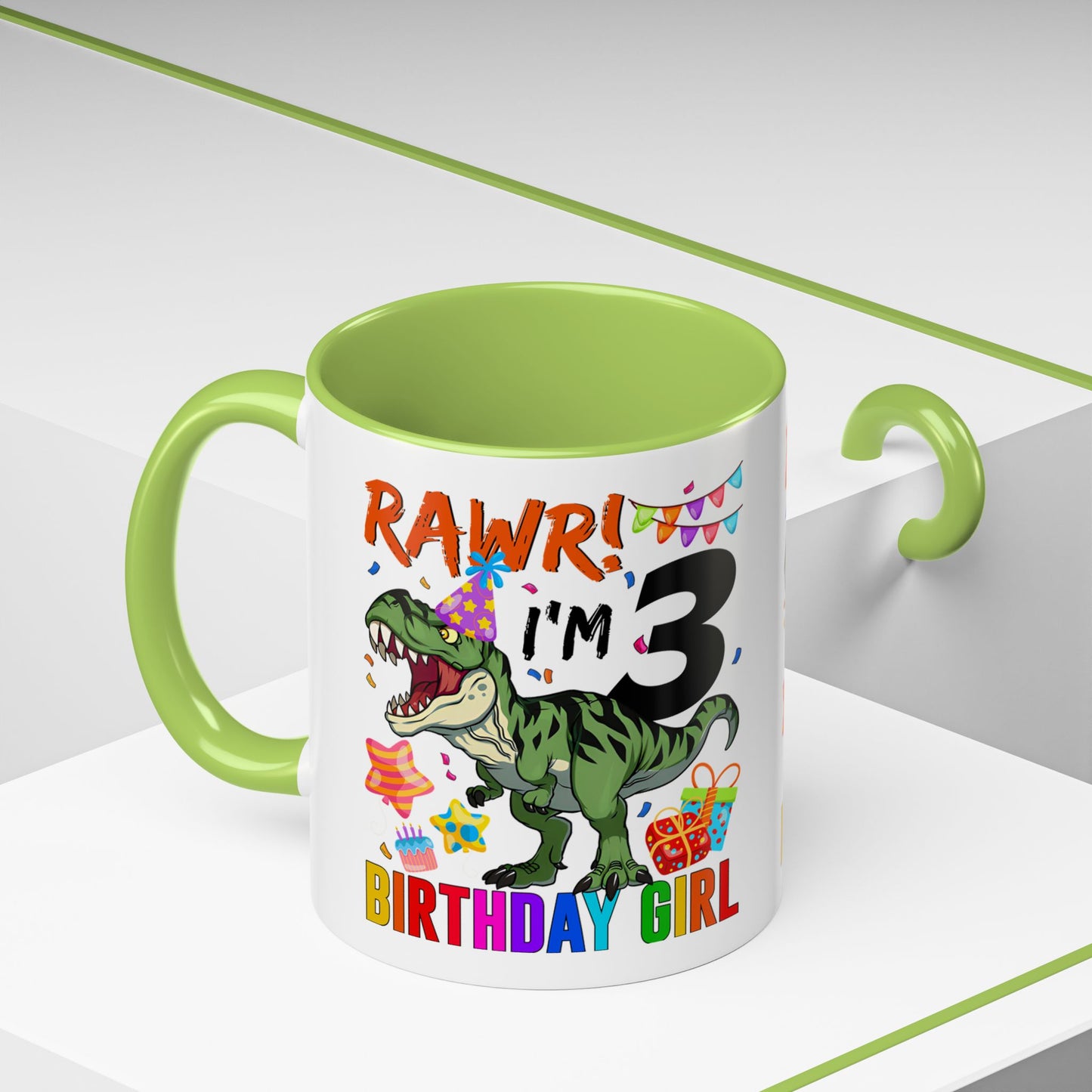 3rd Birthday Girl Dinosaur Coffee Mug - "RAWR! I’m 3" Accent Mug
