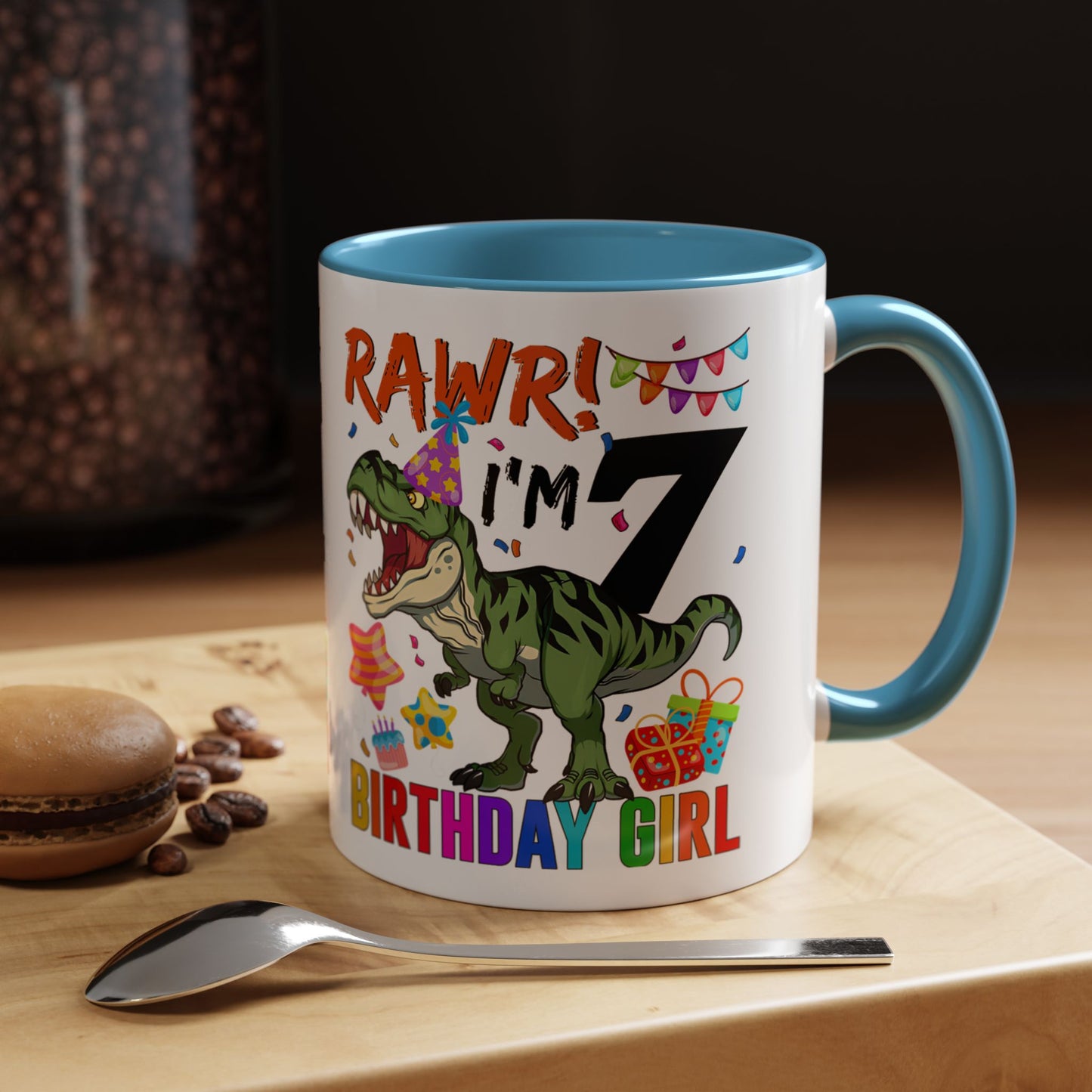 7th Birthday Dinosaur Coffee Mug — "RAWR! I'm 7" Colorful Birthday Girl Accent Mug (11/15oz)