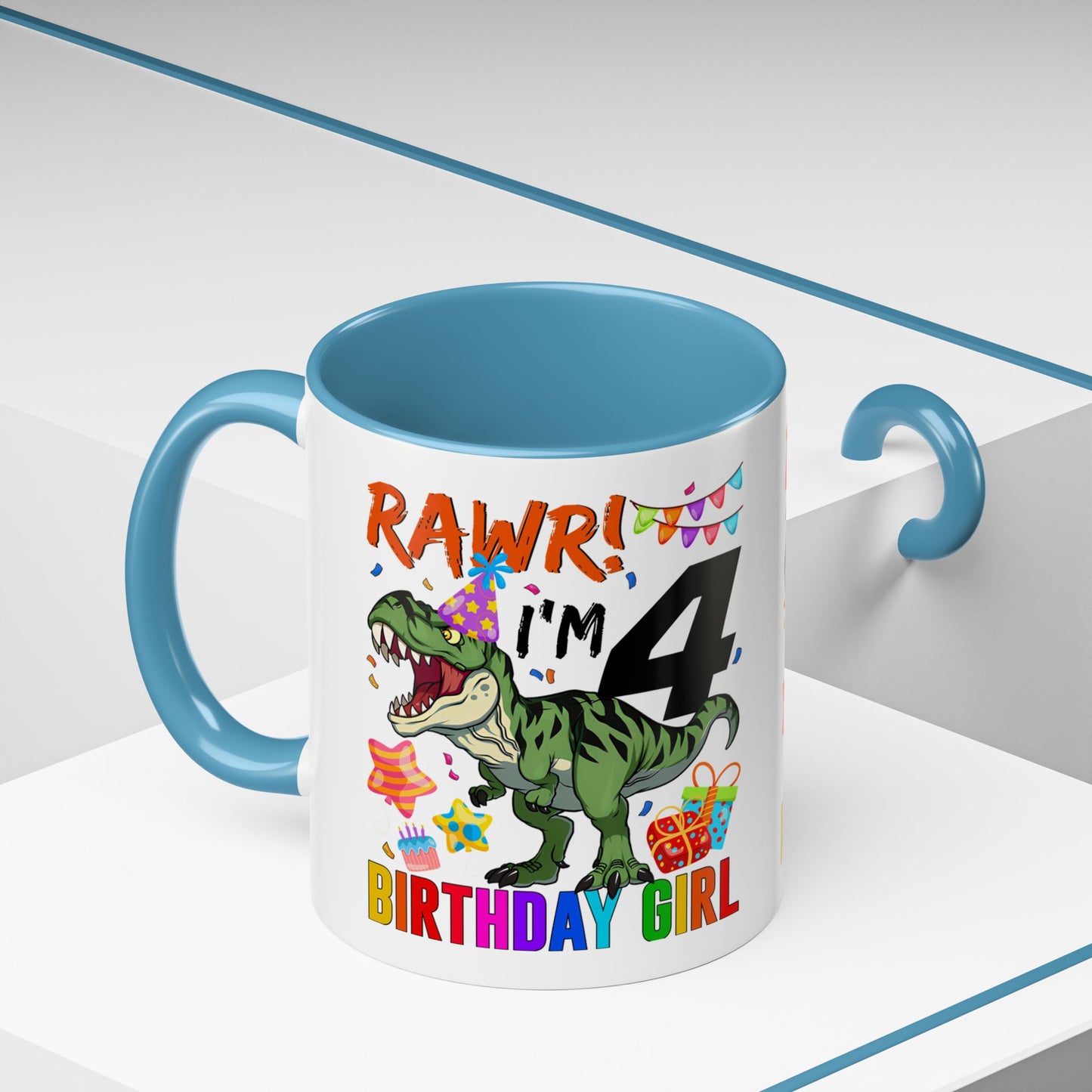 Birthday Mug — "RAWR! I'm 4" Dino Party Accent Coffee Mug