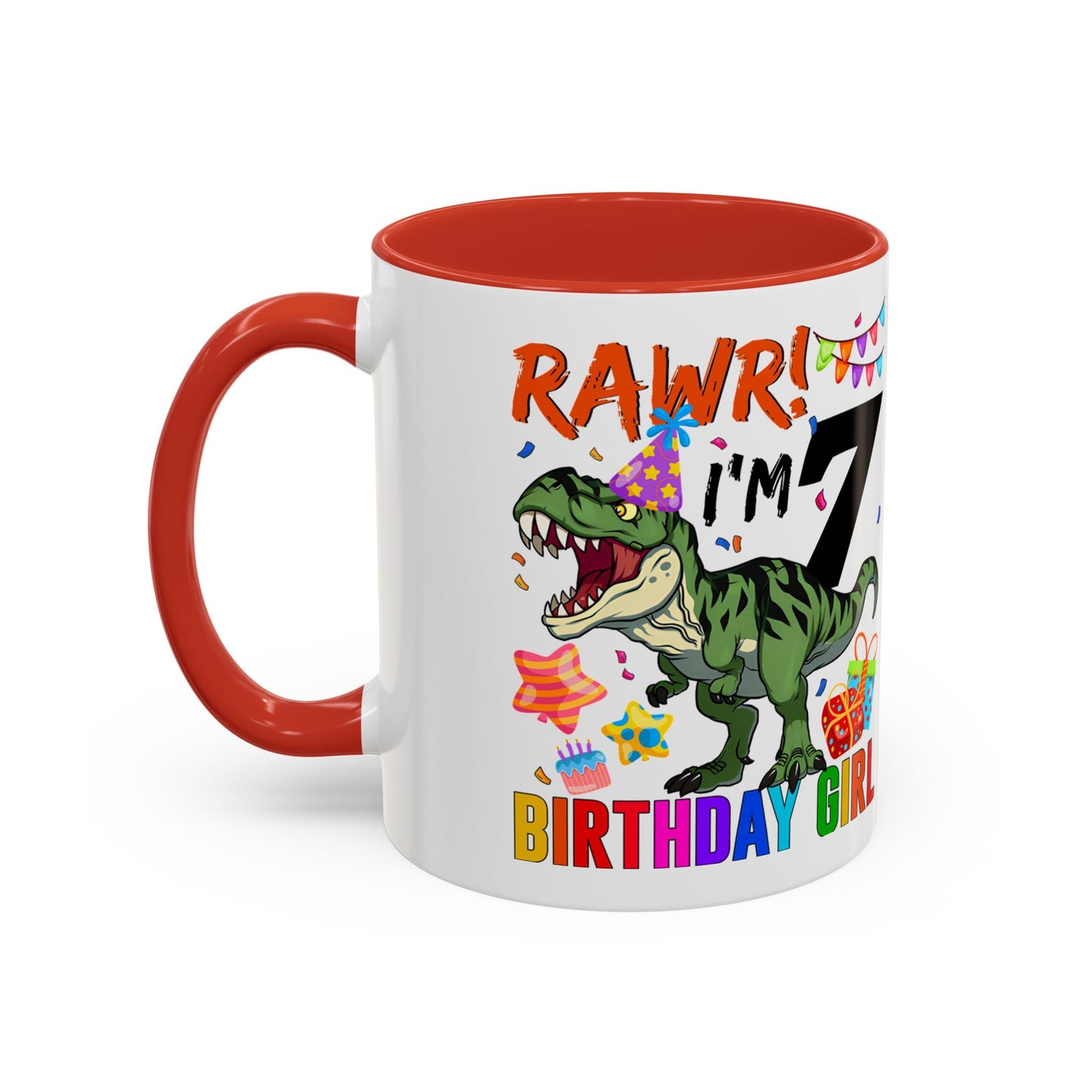 7th Birthday Dinosaur Coffee Mug — "RAWR! I'm 7" Colorful Birthday Girl Accent Mug (11/15oz)