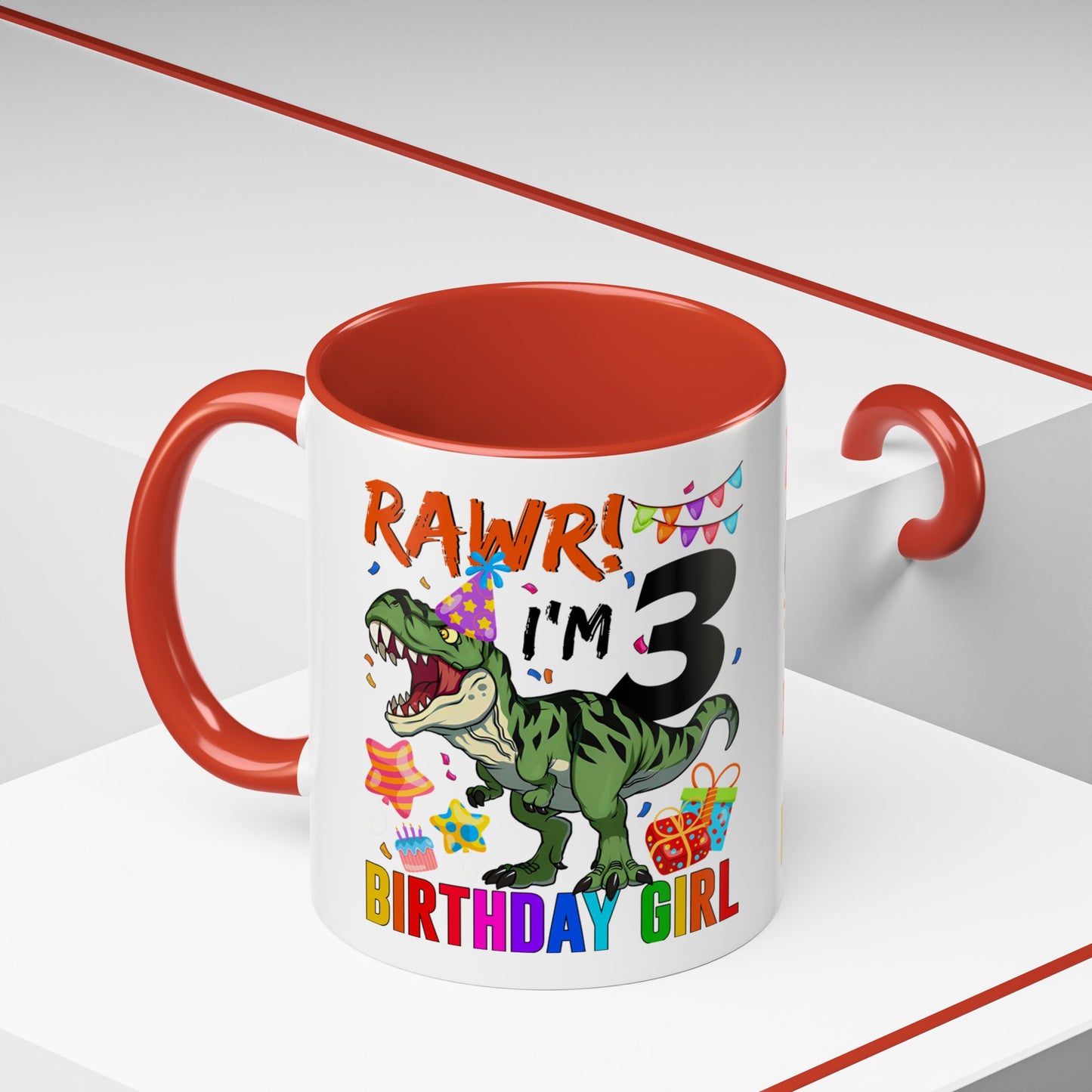 3rd Birthday Girl Dinosaur Coffee Mug - "RAWR! I’m 3" Accent Mug