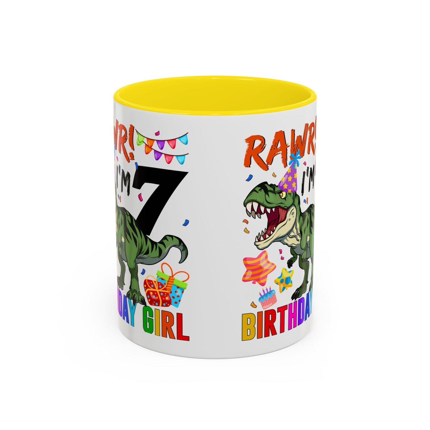 7th Birthday Dinosaur Coffee Mug — "RAWR! I'm 7" Colorful Birthday Girl Accent Mug (11/15oz)