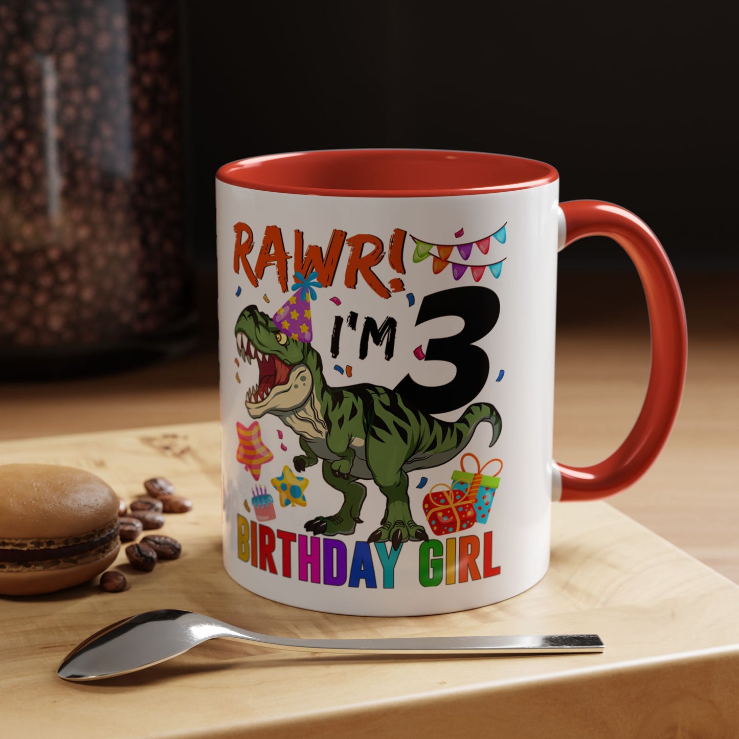 3rd Birthday Girl Dinosaur Coffee Mug - "RAWR! I’m 3" Accent Mug
