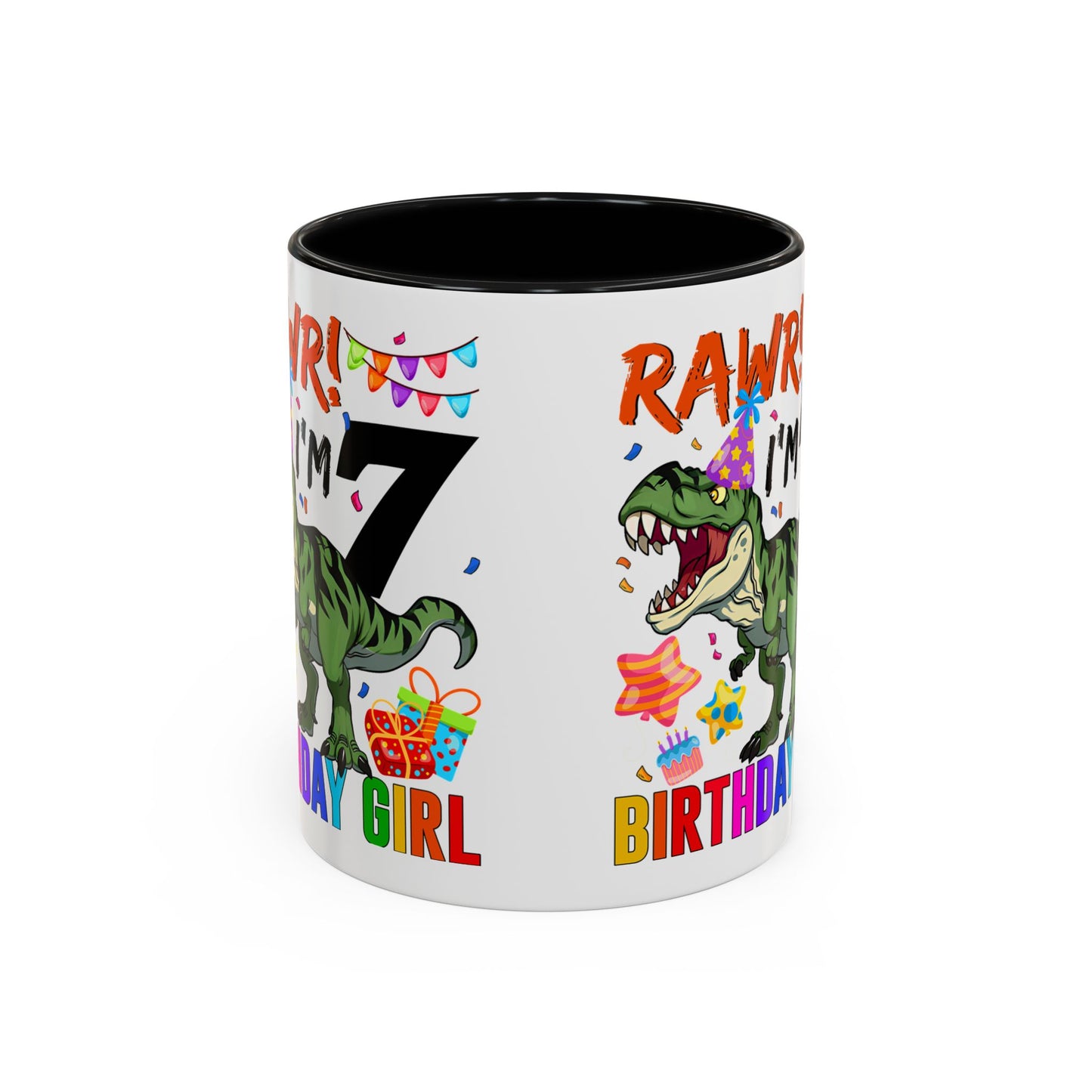 7th Birthday Dinosaur Coffee Mug — "RAWR! I'm 7" Colorful Birthday Girl Accent Mug (11/15oz)