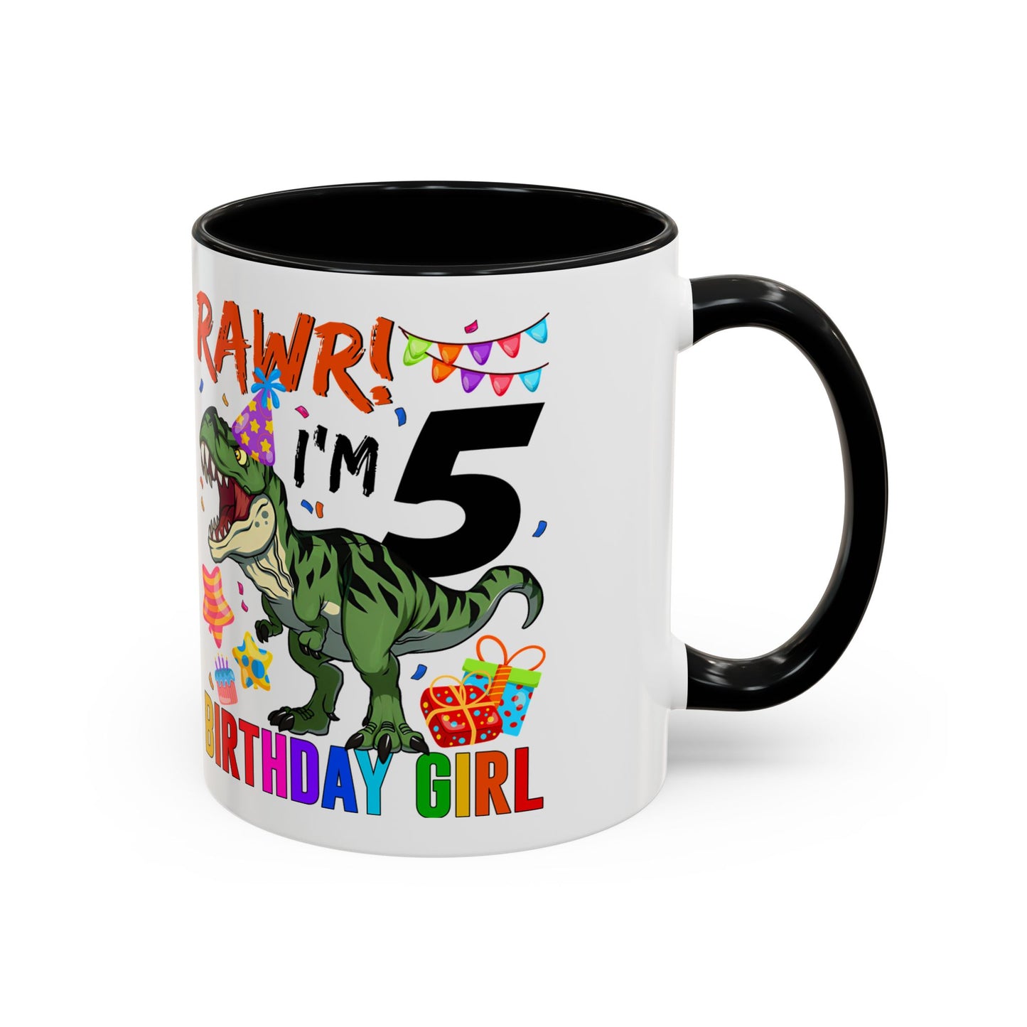 Birthday Dinosaur Coffee Mug — “RAWR! I’m 5” Colorful Kids Birthday Gift (11/15oz)