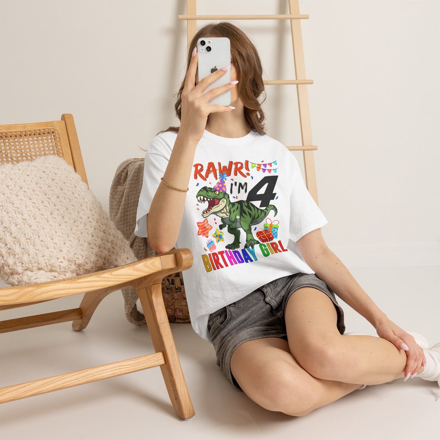 4th Birthday Girl Dinosaur T-Shirt — "RAWR! I'm 4" Colorful Party Tee