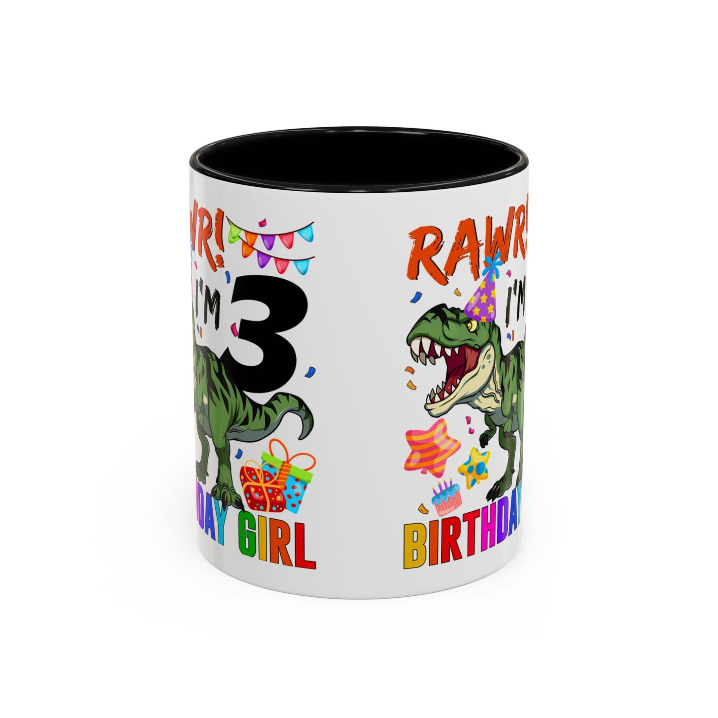 3rd Birthday Girl Dinosaur Coffee Mug - "RAWR! I’m 3" Accent Mug