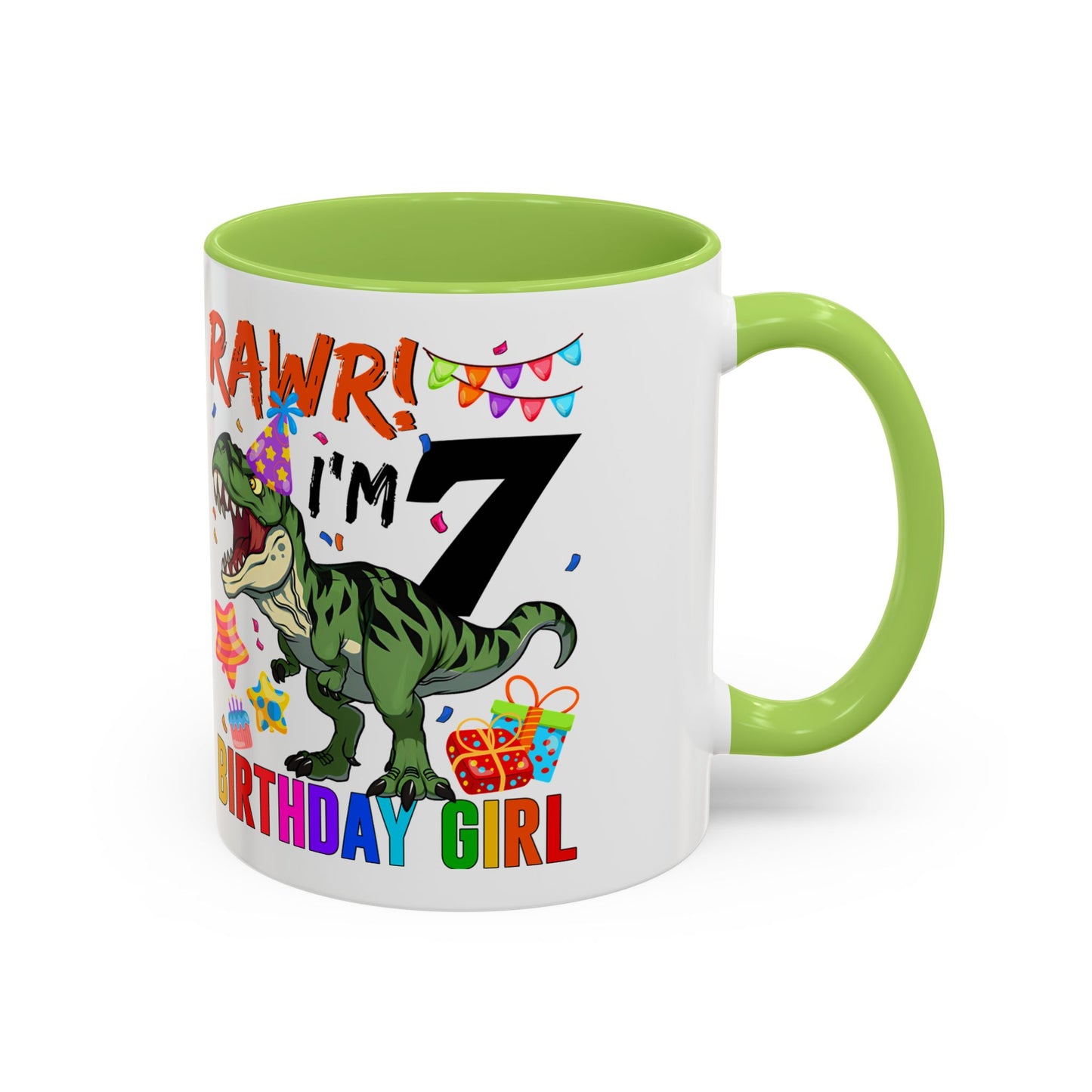 7th Birthday Dinosaur Coffee Mug — "RAWR! I'm 7" Colorful Birthday Girl Accent Mug (11/15oz)