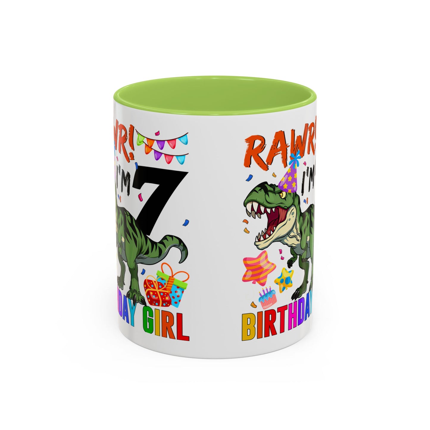 7th Birthday Dinosaur Coffee Mug — "RAWR! I'm 7" Colorful Birthday Girl Accent Mug (11/15oz)