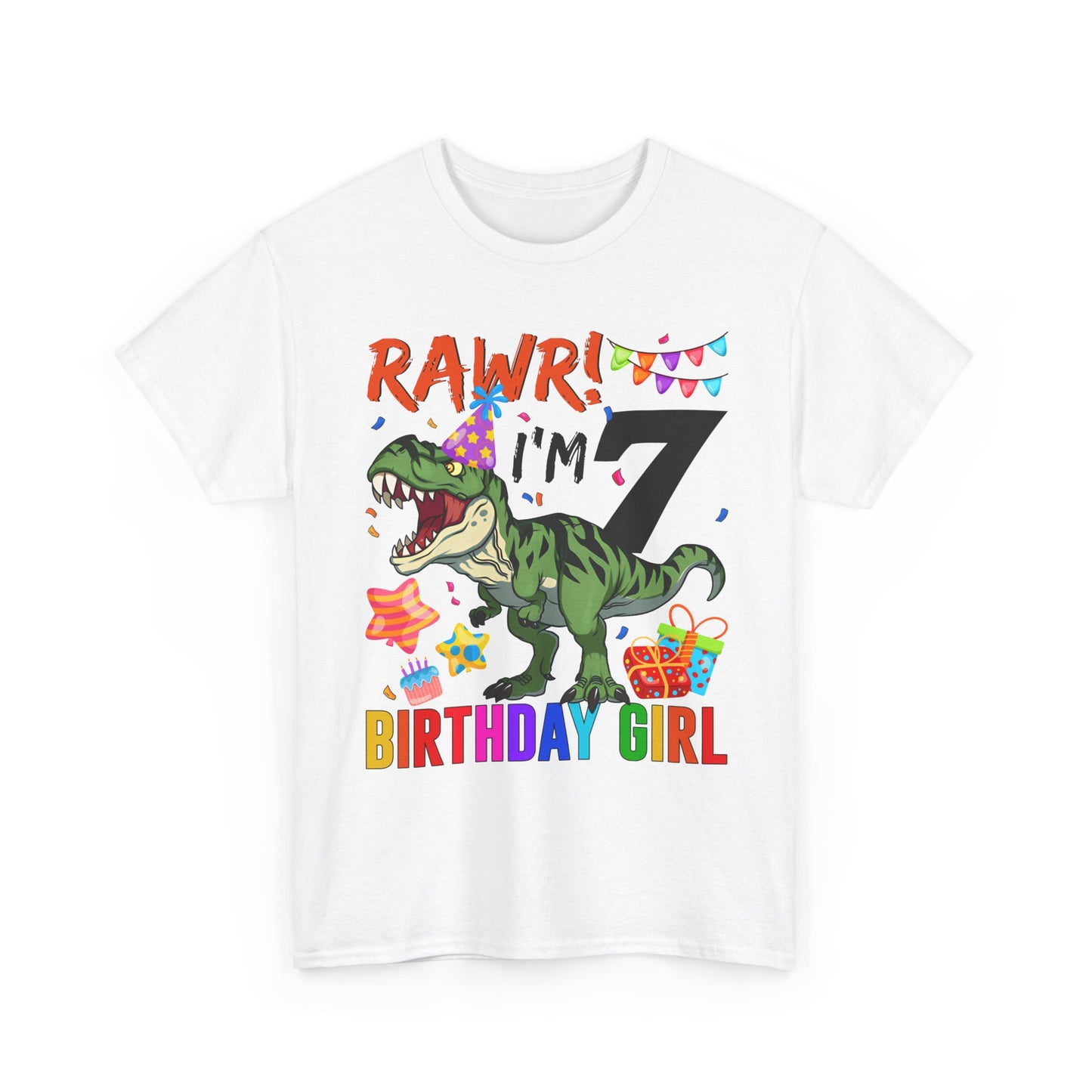 7th Birthday Girl T‑Shirt — "RAWR! I'm 7" Dinosaur Party Tee