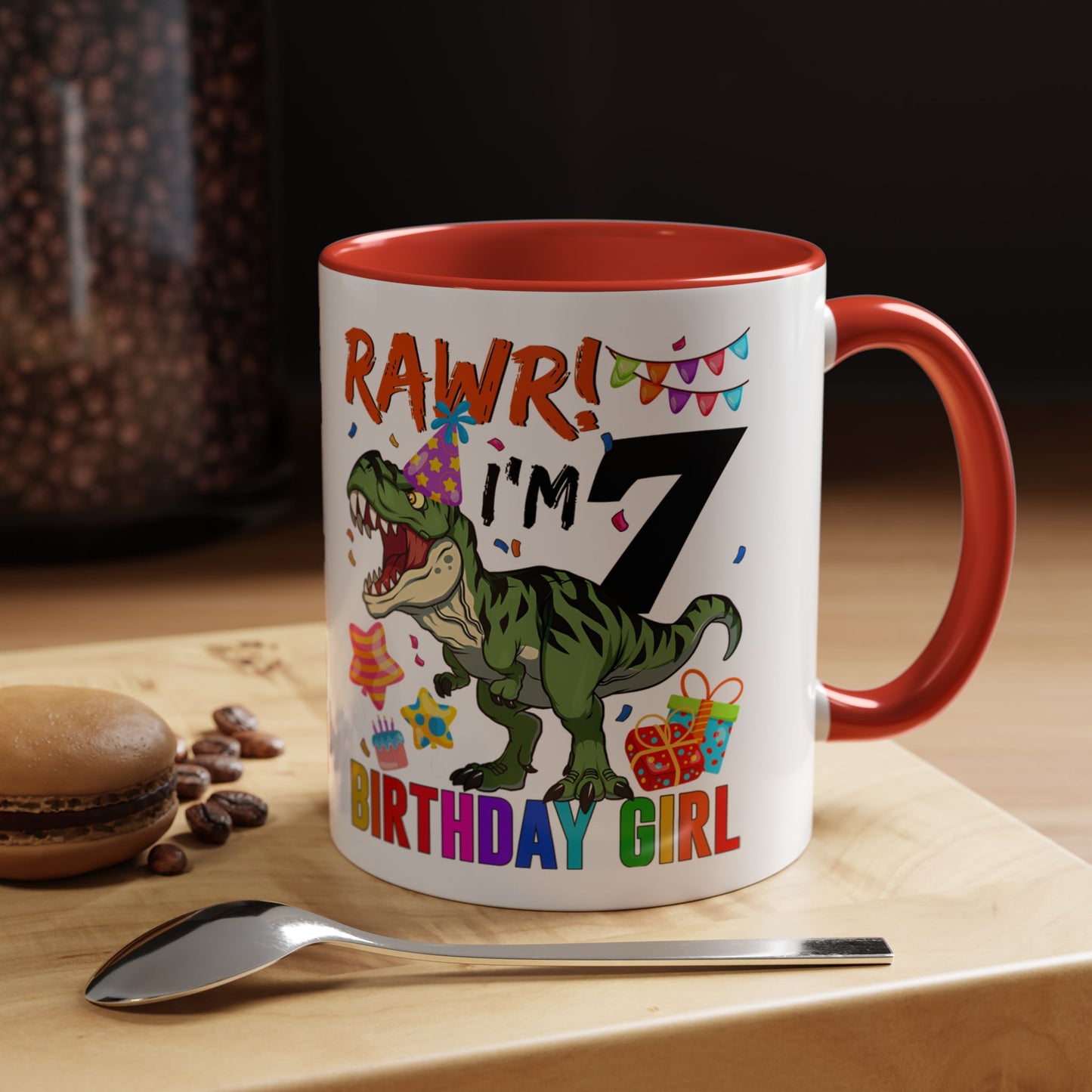 7th Birthday Dinosaur Coffee Mug — "RAWR! I'm 7" Colorful Birthday Girl Accent Mug (11/15oz)
