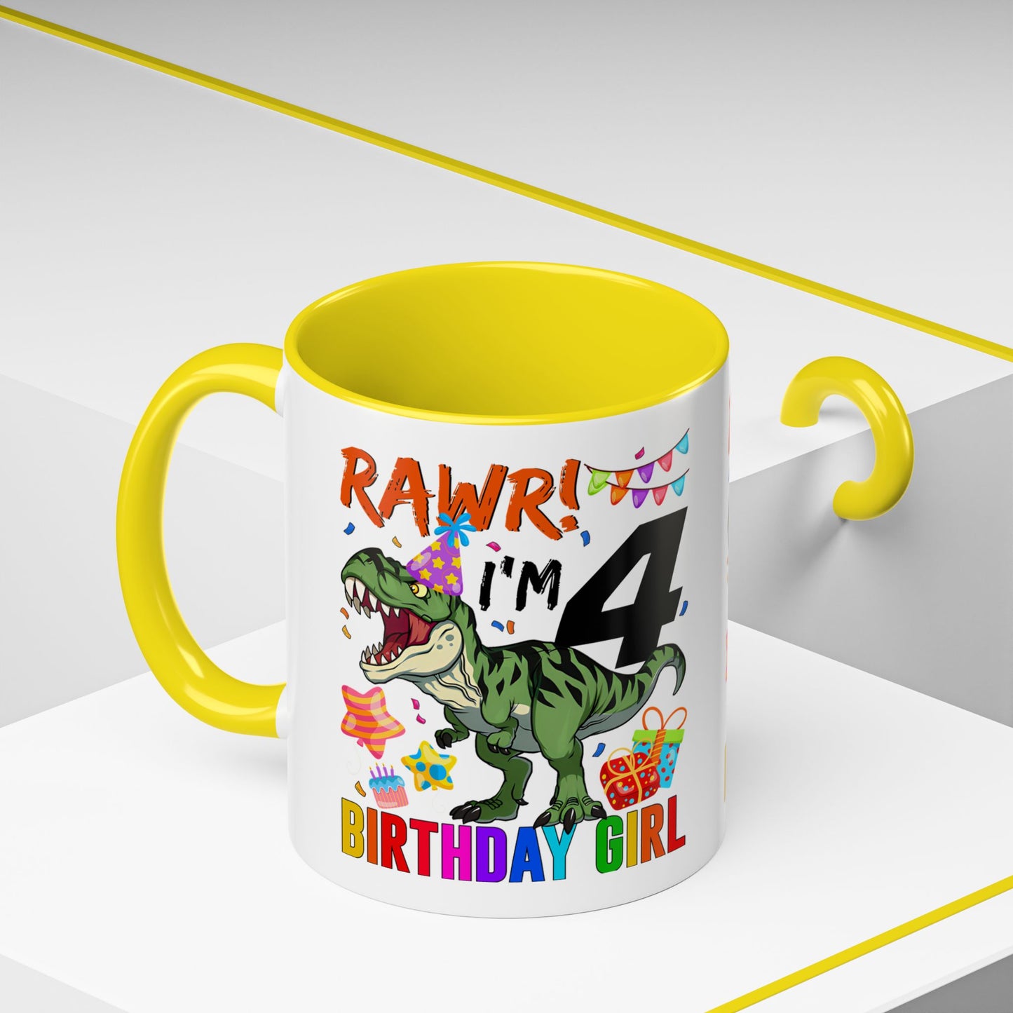 Birthday Mug — "RAWR! I'm 4" Dino Party Accent Coffee Mug