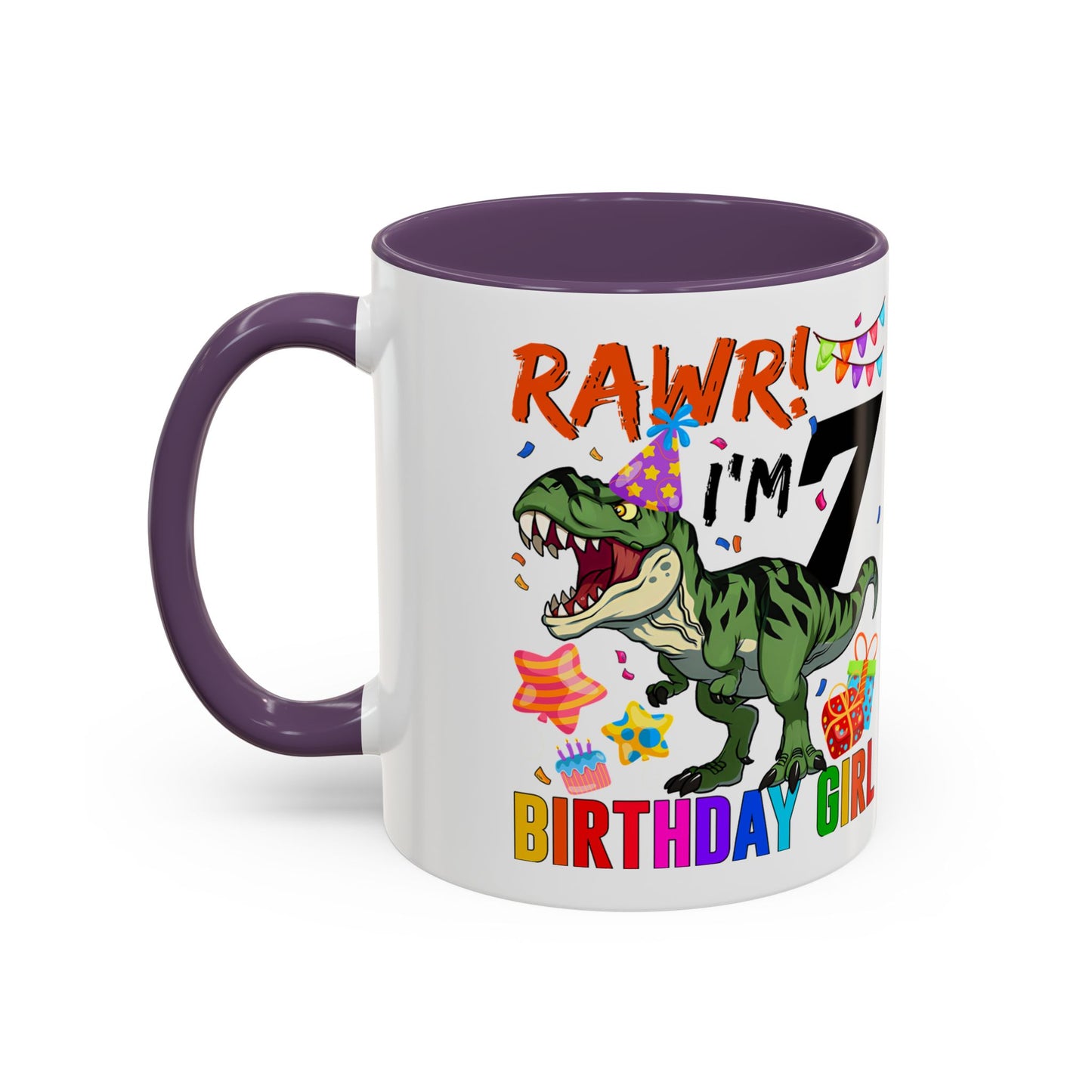 7th Birthday Dinosaur Coffee Mug — "RAWR! I'm 7" Colorful Birthday Girl Accent Mug (11/15oz)