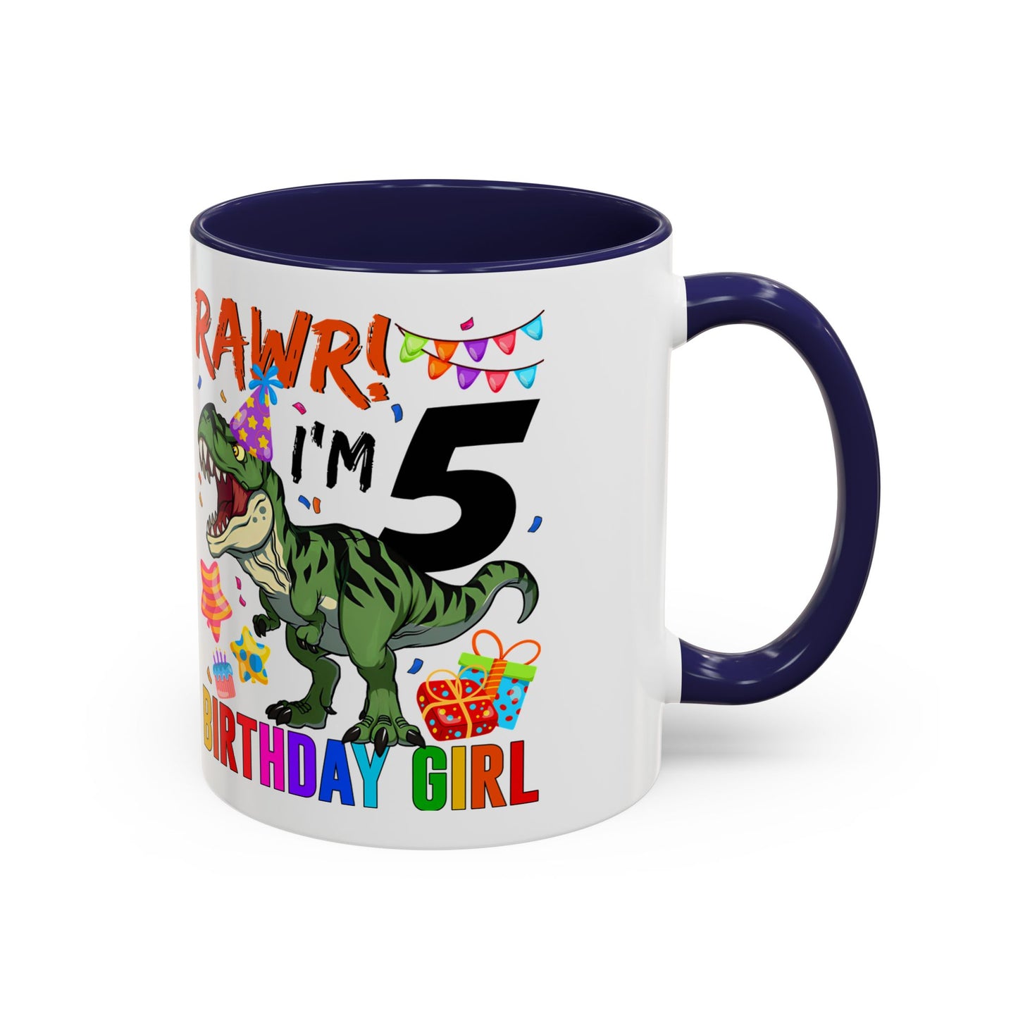 Birthday Dinosaur Coffee Mug — “RAWR! I’m 5” Colorful Kids Birthday Gift (11/15oz)