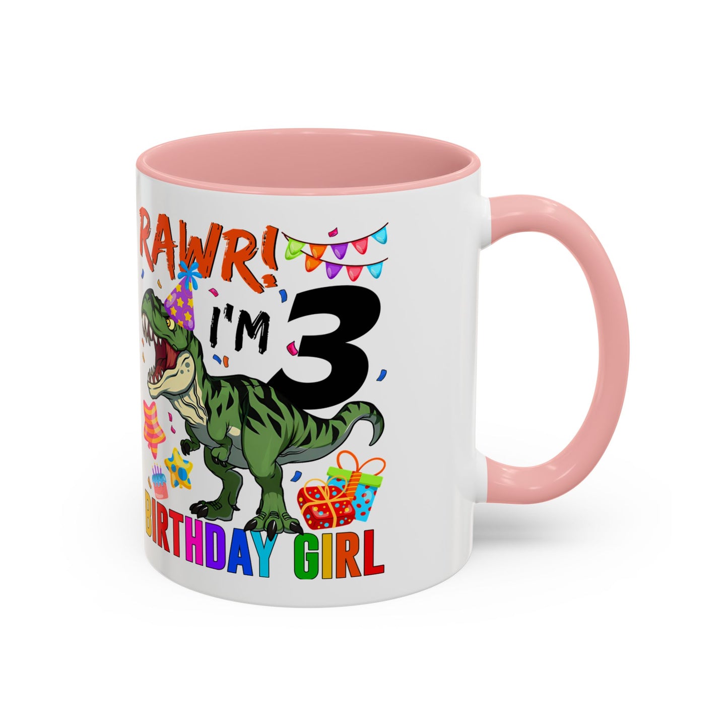 3rd Birthday Girl Dinosaur Coffee Mug - "RAWR! I’m 3" Accent Mug