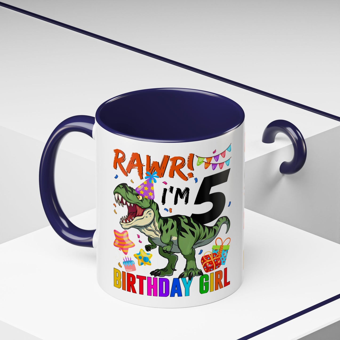 Birthday Dinosaur Coffee Mug — “RAWR! I’m 5” Colorful Kids Birthday Gift (11/15oz)
